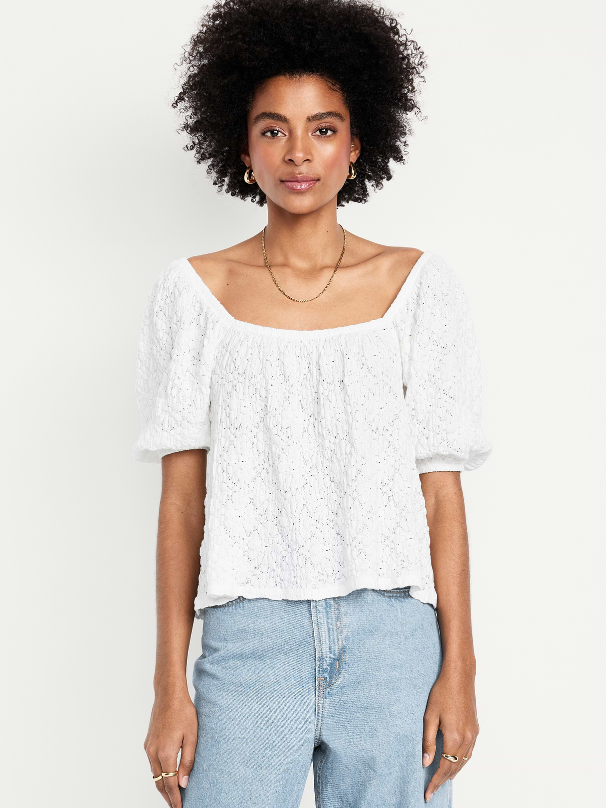 Puff-Sleeve Lace Top - Sea Salt