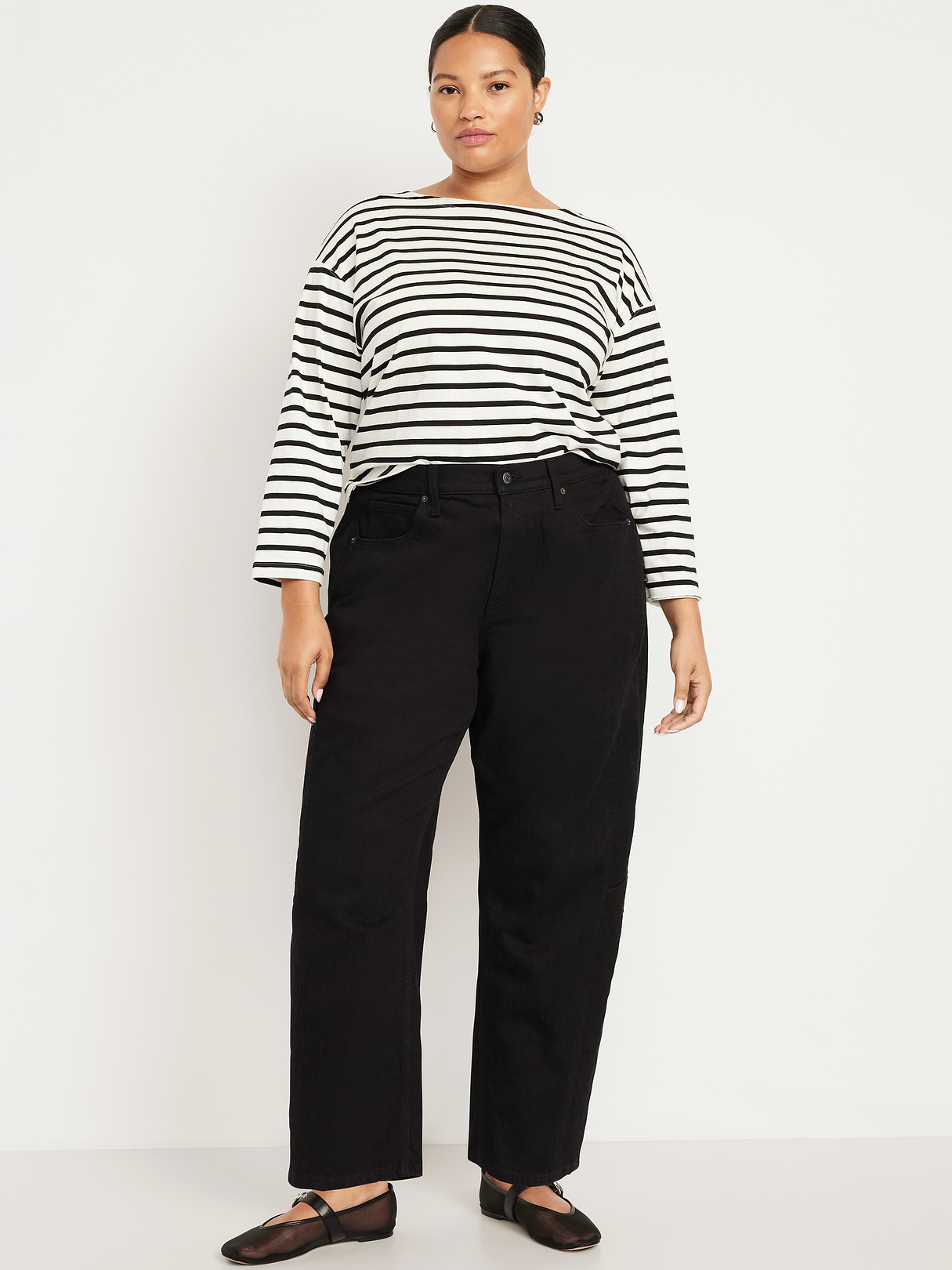 High-Waisted Baggy Barrel Ankle Jeans - Black Wash