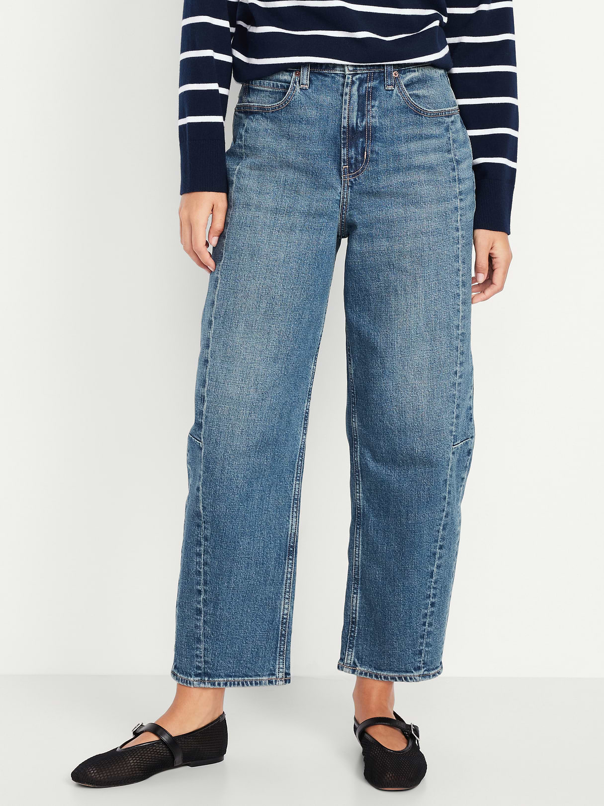 High-Waisted Baggy Barrel Ankle Jeans - Medium Wash (804463002)