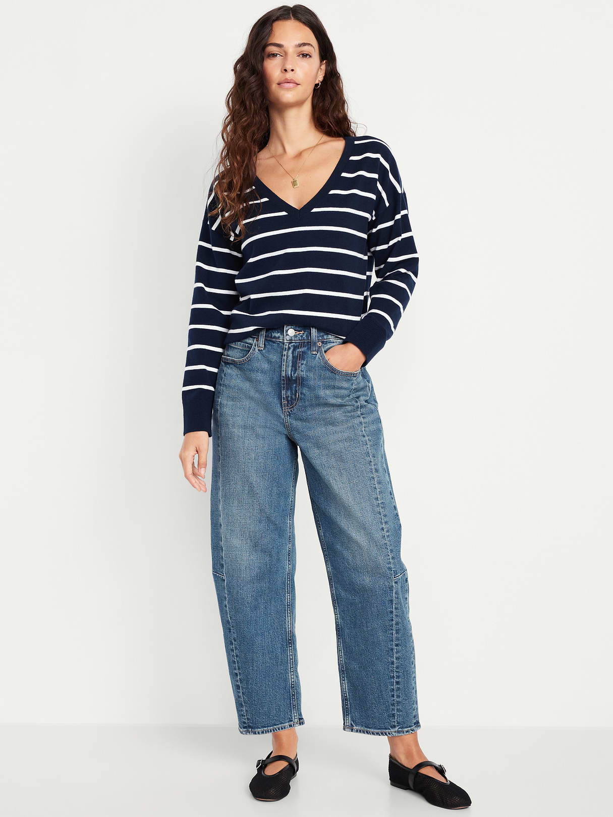 High-Waisted Baggy Barrel Ankle Jeans - Medium Wash (804463002)