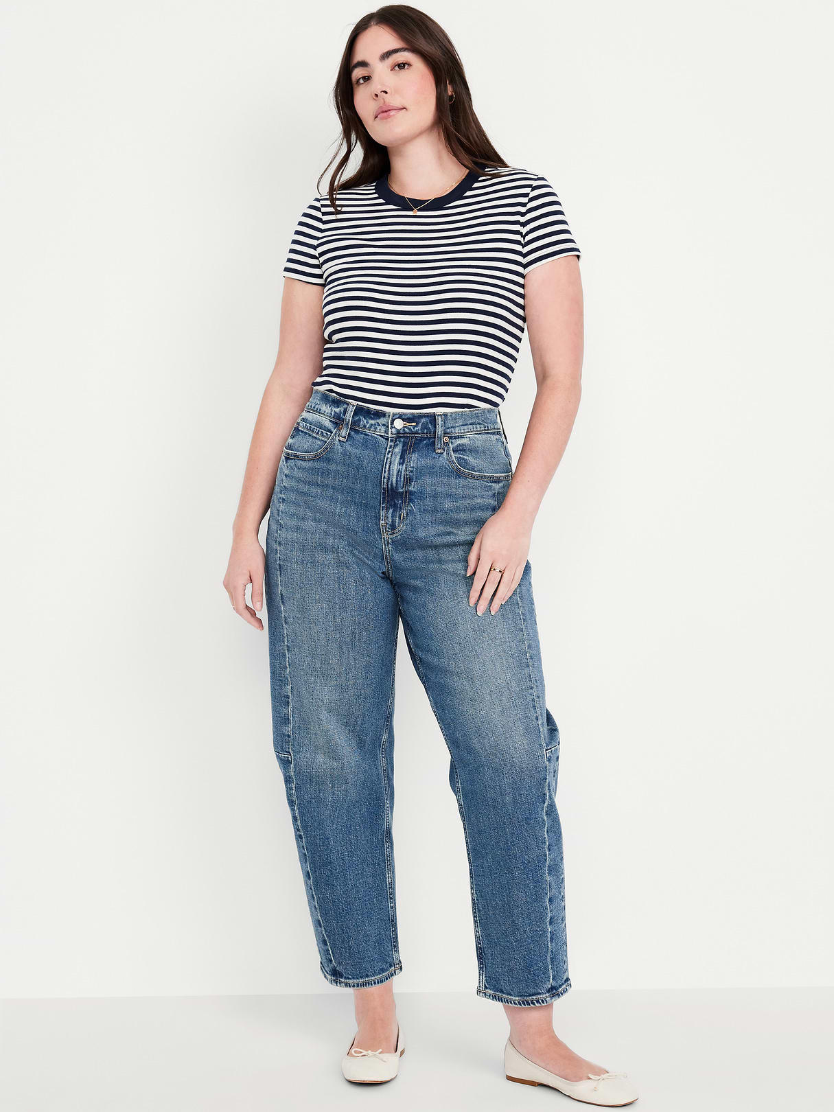 High-Waisted Baggy Barrel Ankle Jeans - Medium Wash (804463002)