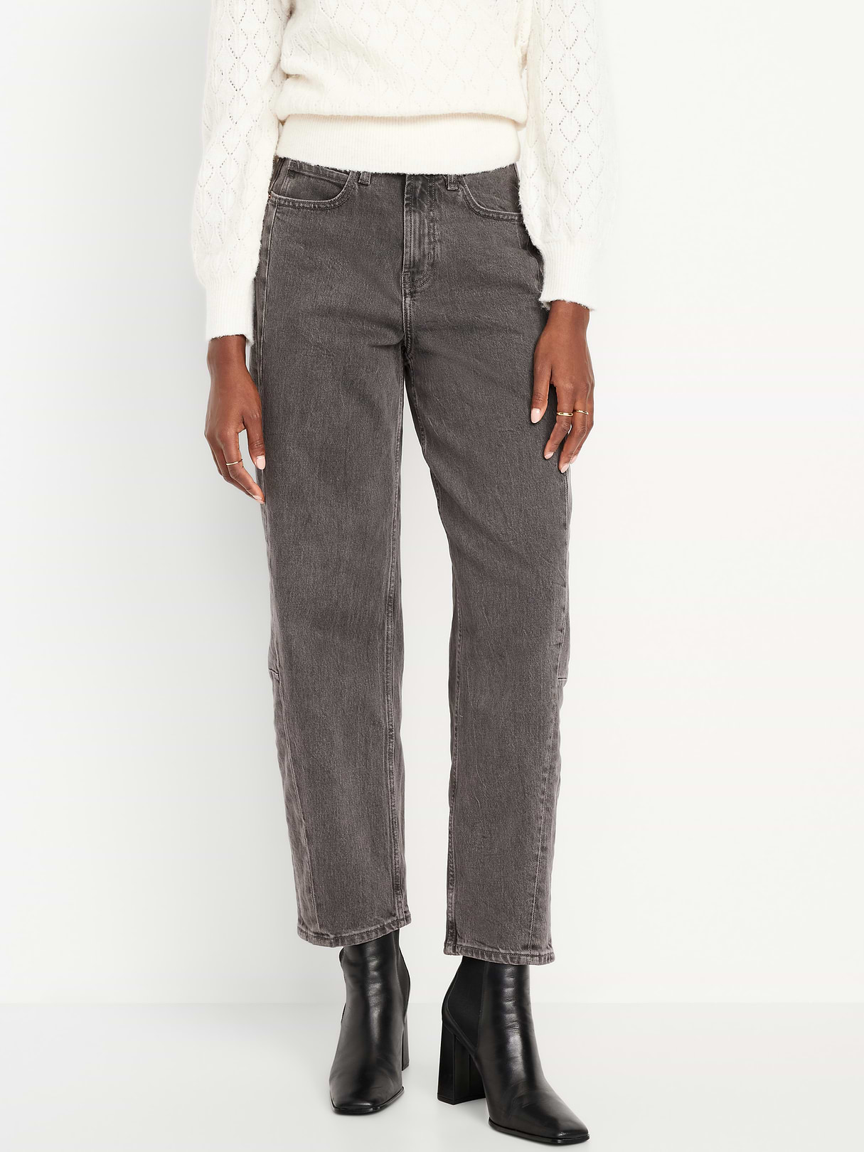 High-Waisted Baggy Barrel Ankle Jeans - Gray Wash