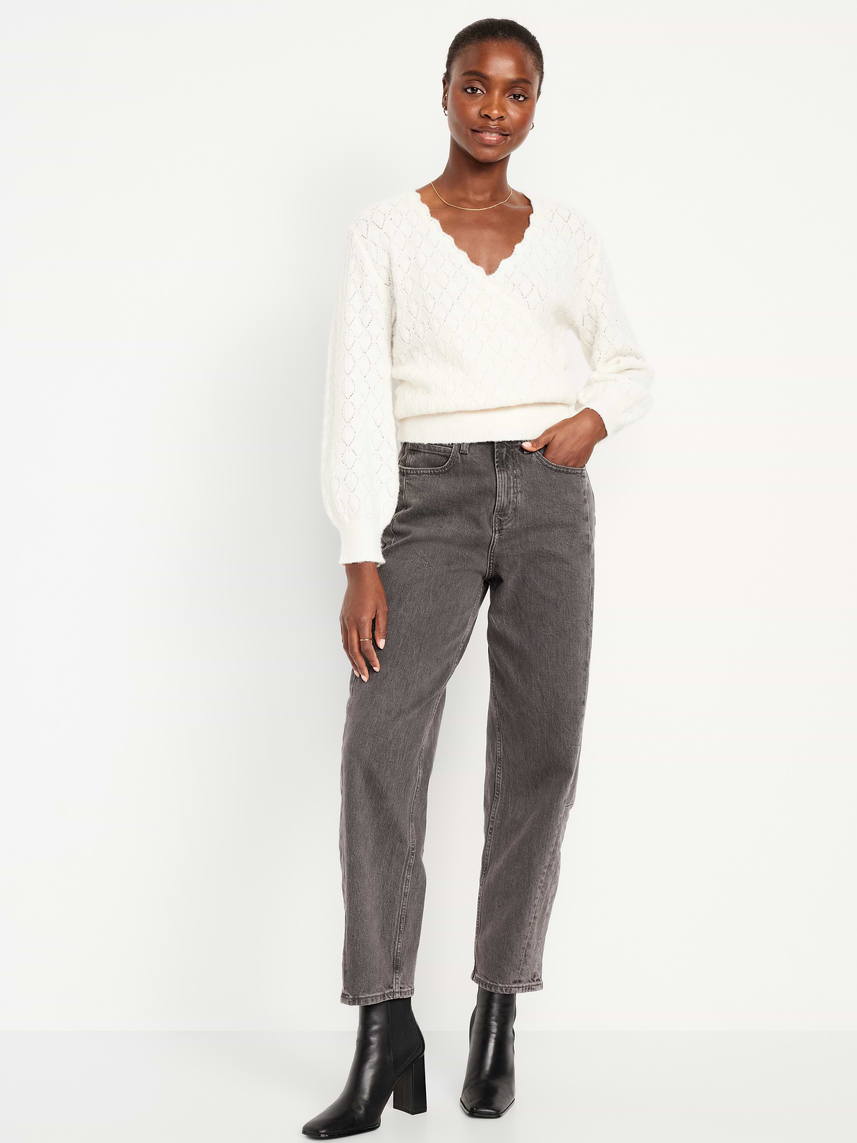 High-Waisted Baggy Barrel Ankle Jeans - Gray Wash