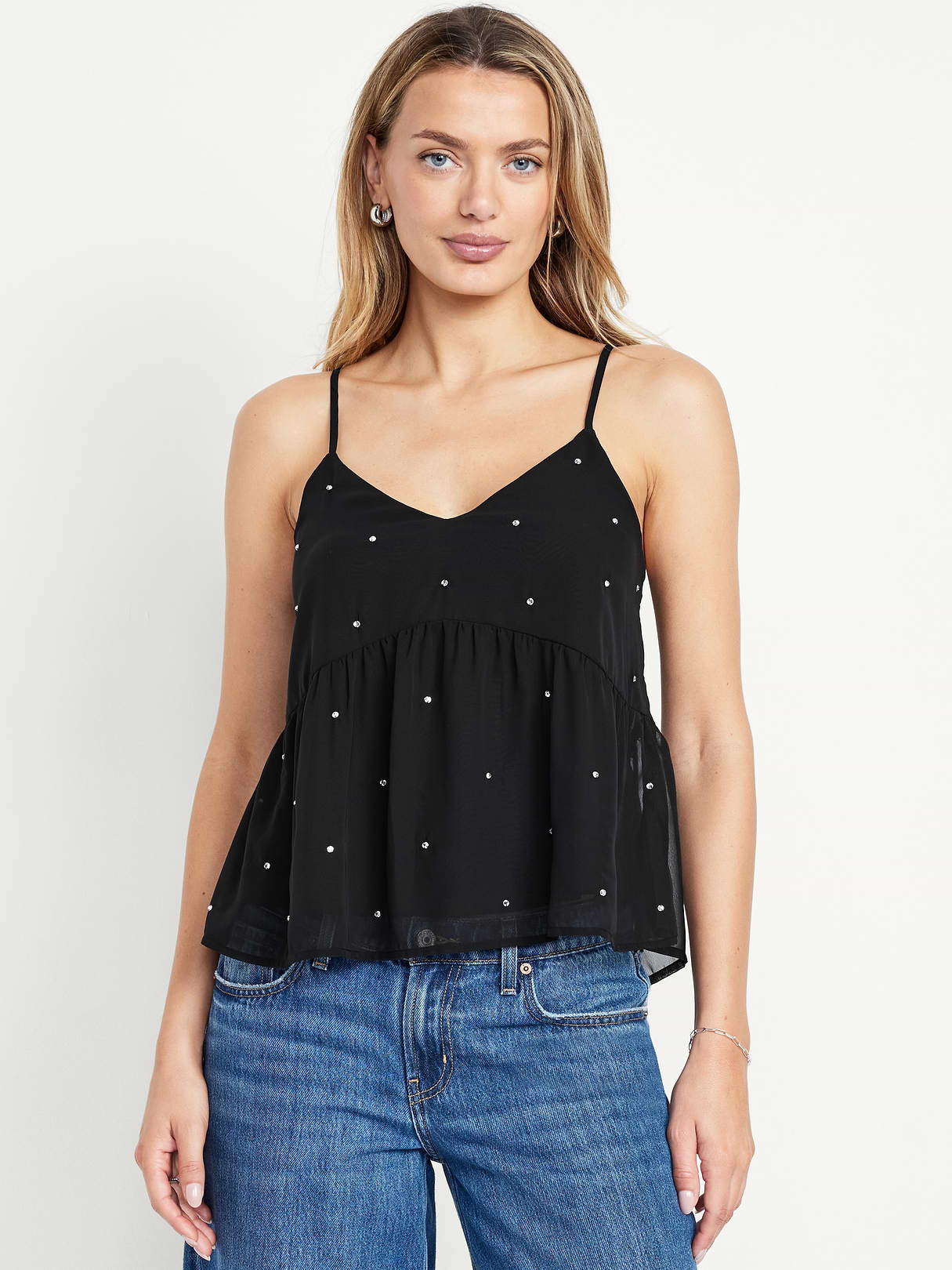 Embellished Cami Peplum Top - Black Jack