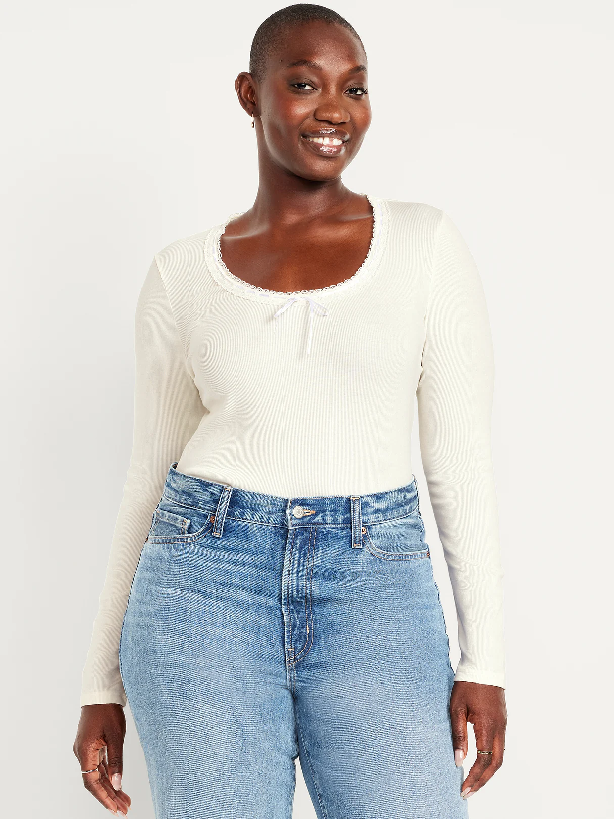 Scoop-Neck Long-Sleeve Ribbed Top - Sea Salt