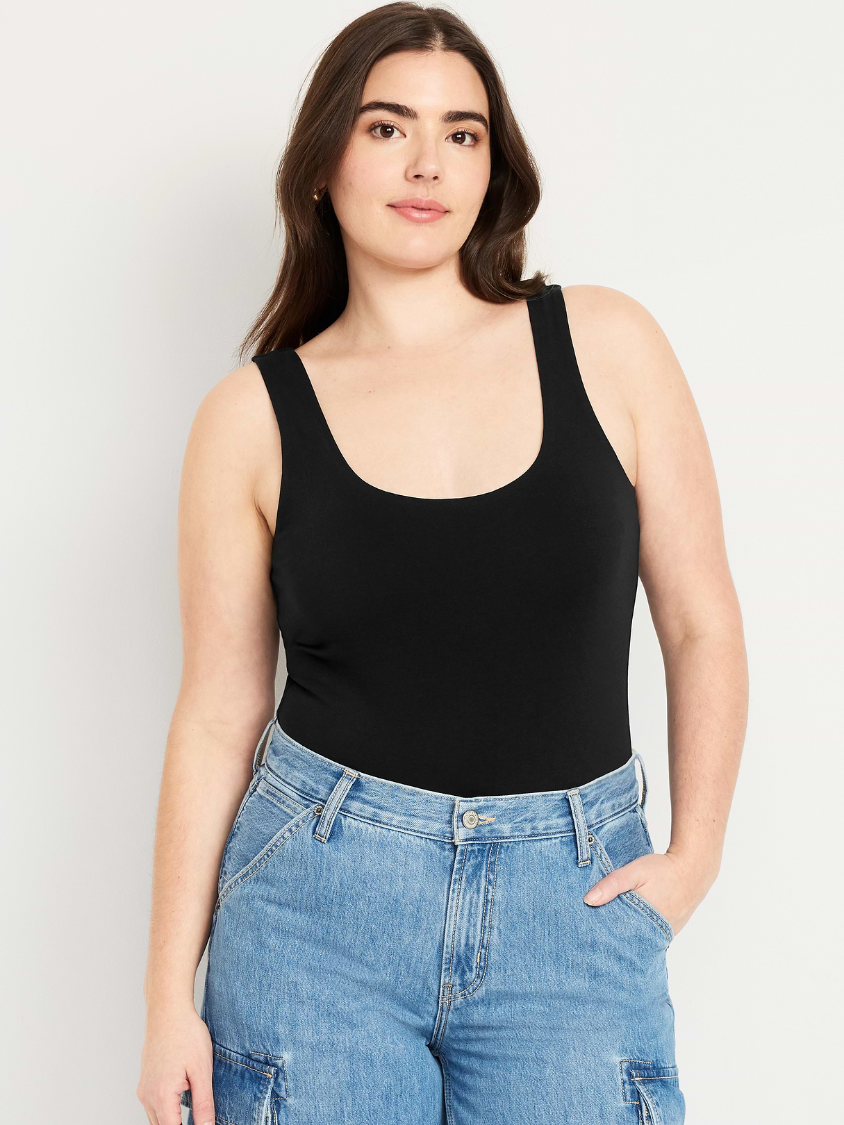 Double-Layer Scoop-Neck Bodysuit - Black Jack