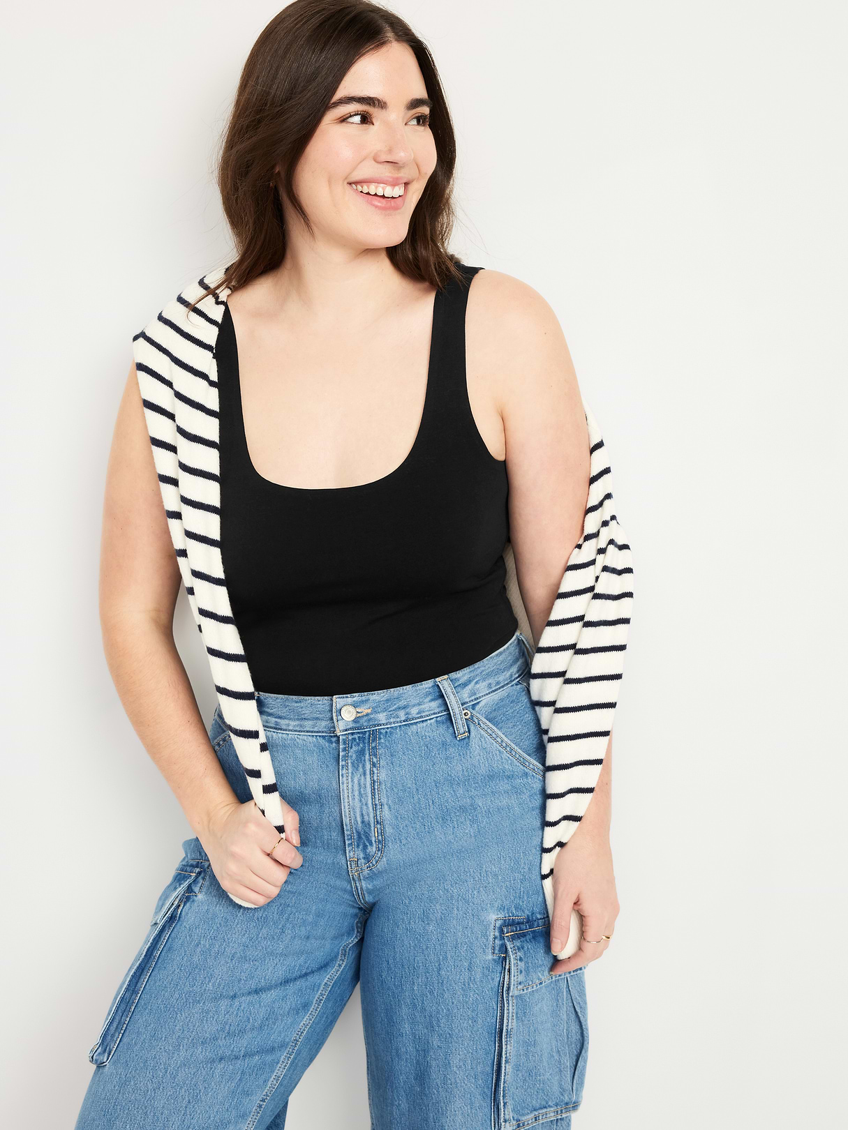 Double-Layer Scoop-Neck Bodysuit - Black Jack