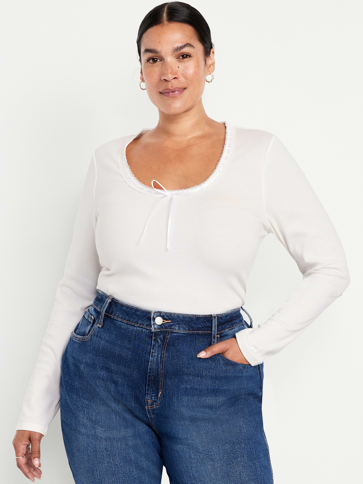Scoop-Neck Long-Sleeve Ribbed Top - Sea Salt