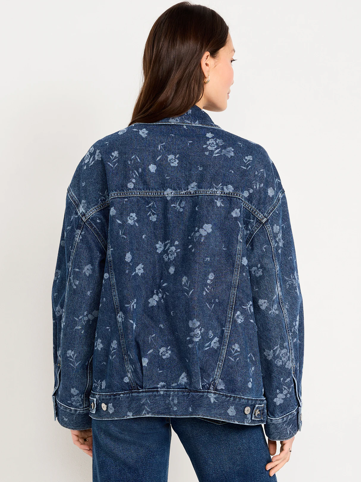 Oversized Floral Print Jean Trucker Jacket - Indigo