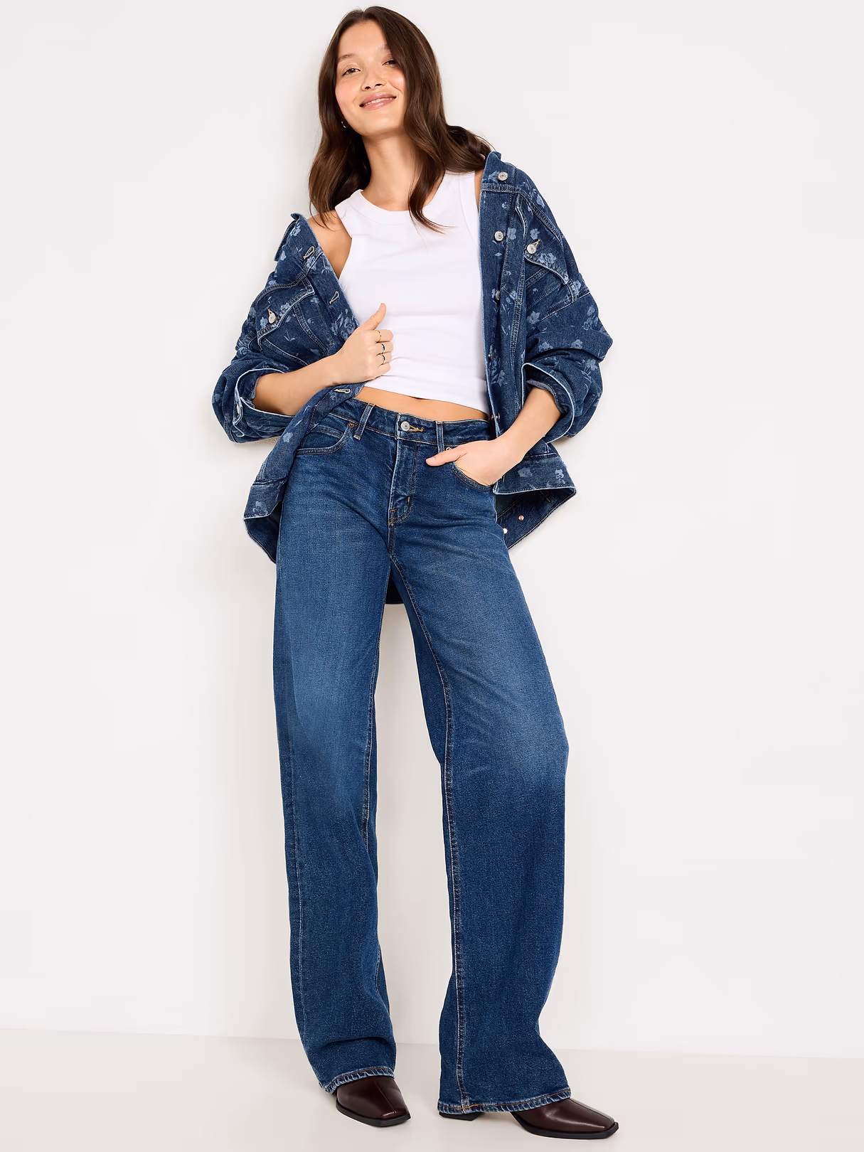 Oversized Floral Print Jean Trucker Jacket - Indigo