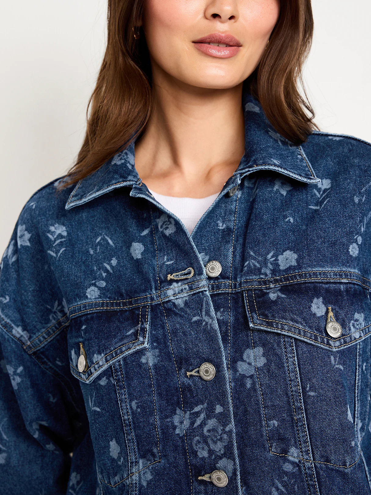 Oversized Floral Print Jean Trucker Jacket - Indigo