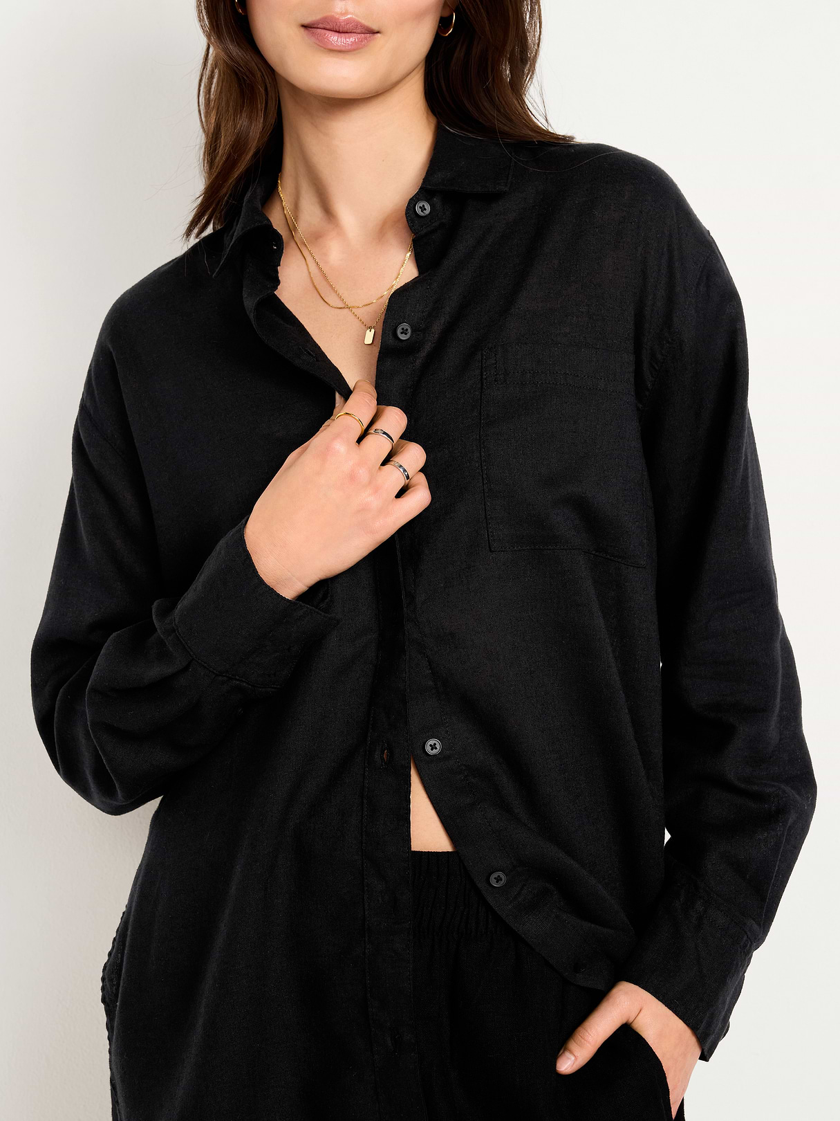 Linen-Blend Loose Button-Down Shirt - Black Jack