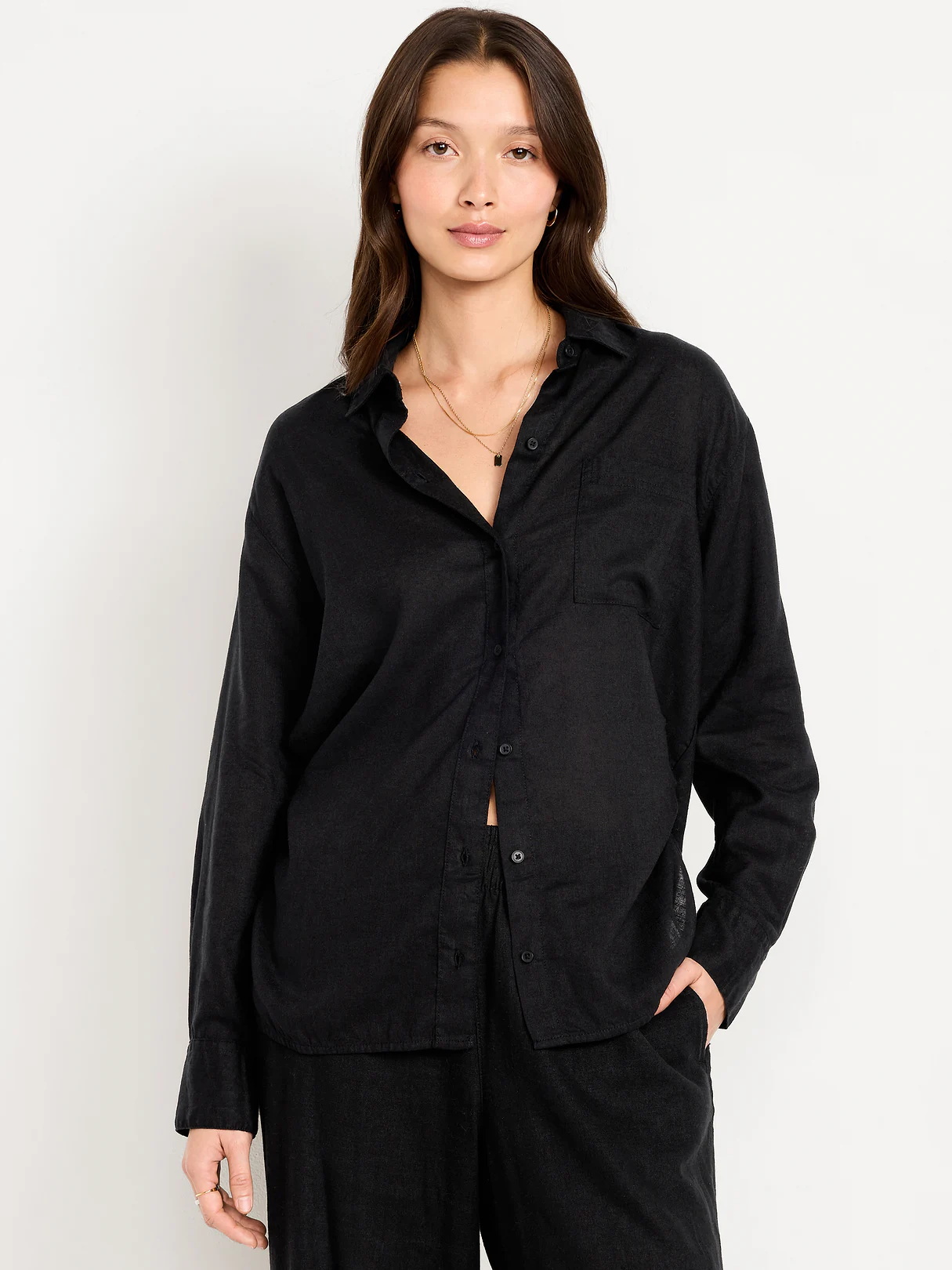 Linen-Blend Loose Button-Down Shirt - Black Jack