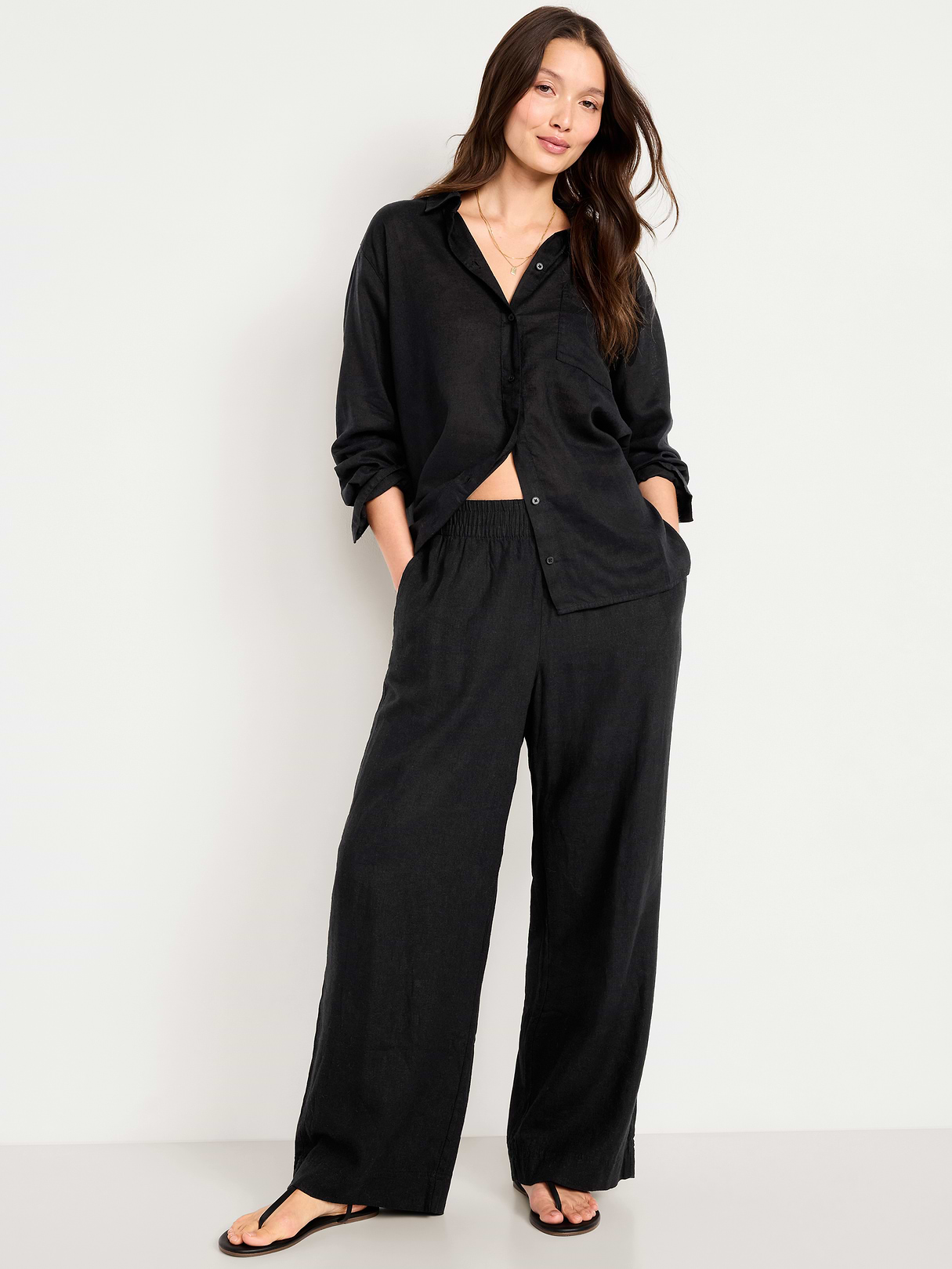 Linen-Blend Loose Button-Down Shirt - Black Jack