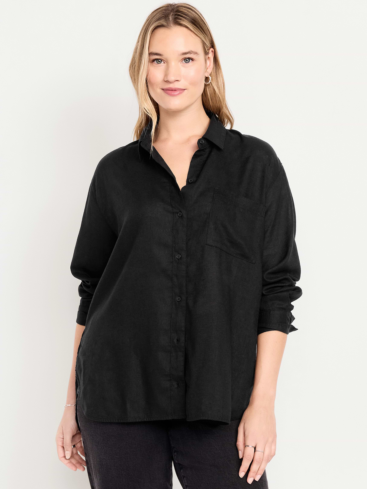 Linen-Blend Loose Button-Down Shirt - Black Jack