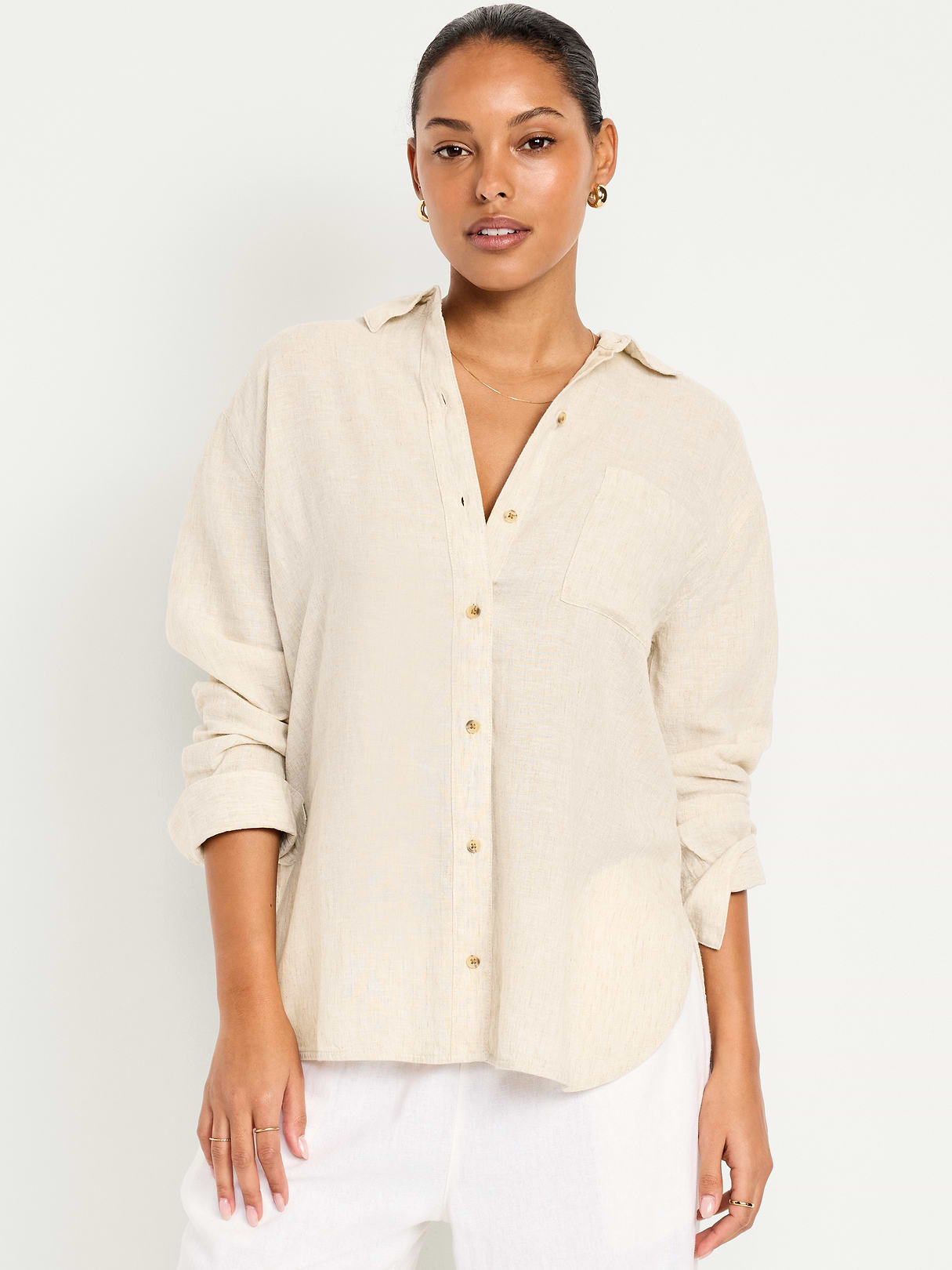 Linen-Blend Loose Button-Down Shirt - Natural Linen