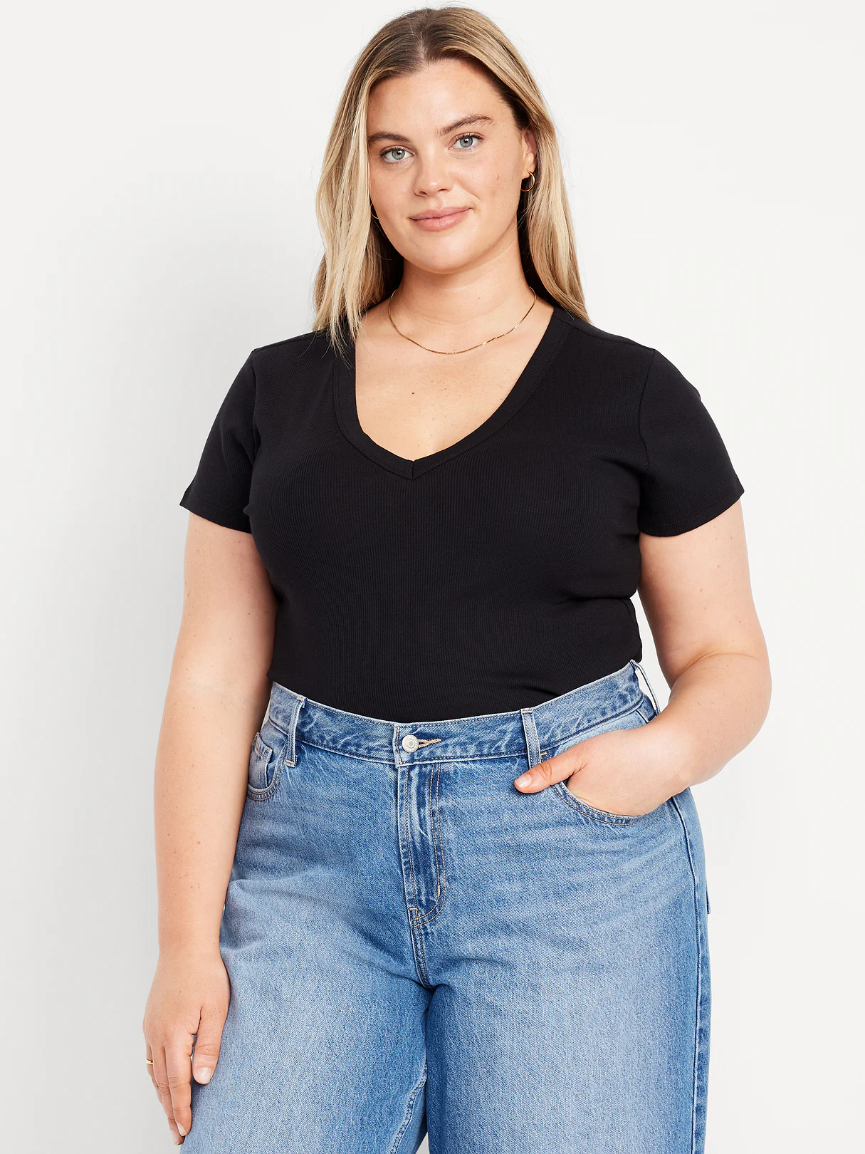 Snug Crop V-Neck Ribbed T-Shirt - Light Black Heather