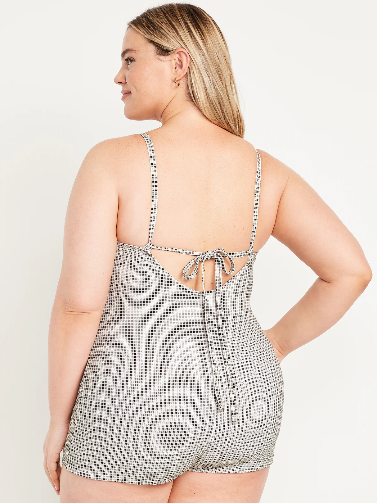 Textured Swim Romper - Black/White Gingham