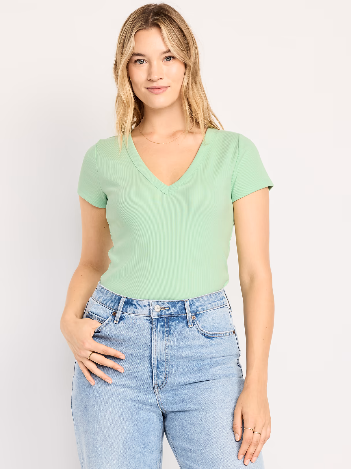 Snug Crop V-Neck Ribbed T-Shirt - Clarity