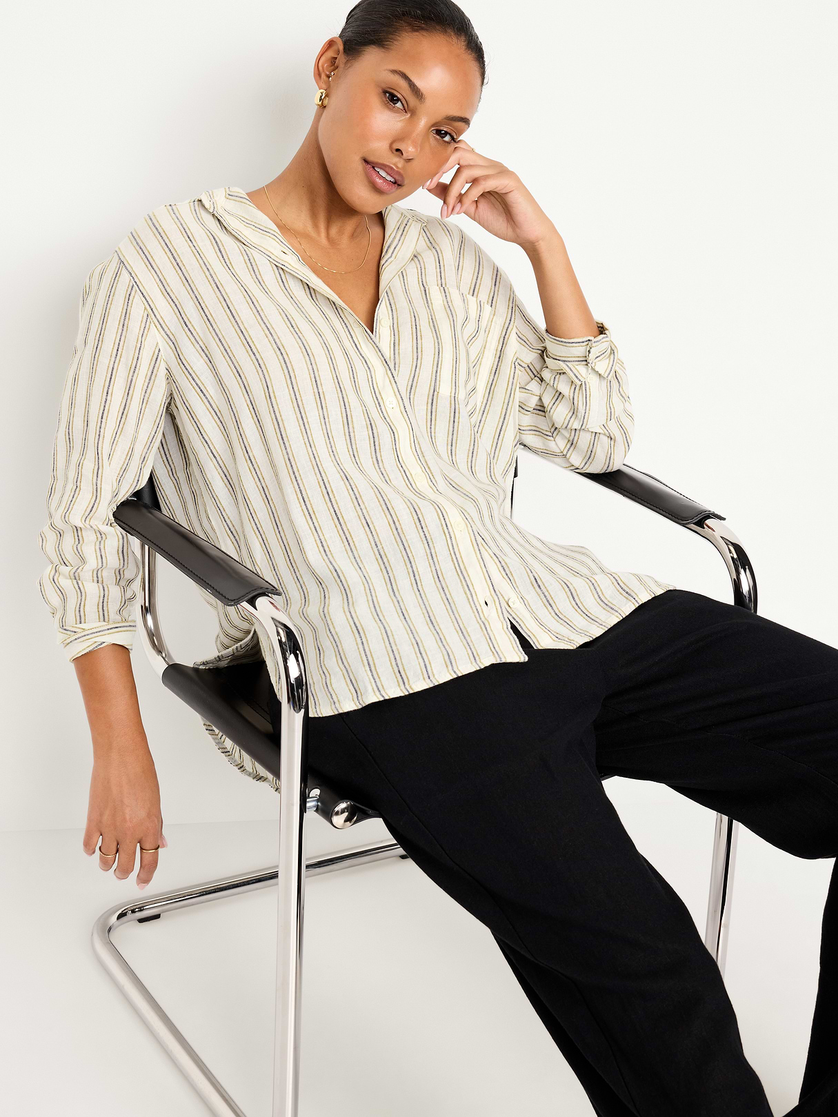 Linen-Blend Loose Button-Down Shirt - Neutral Stripe Top