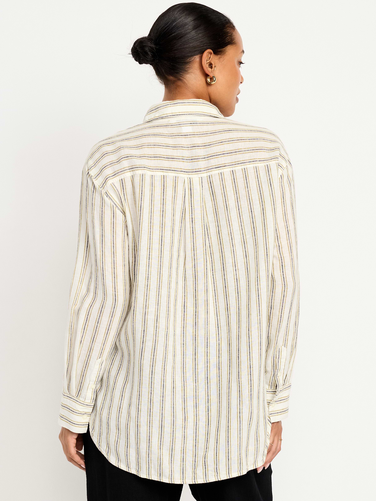 Linen-Blend Loose Button-Down Shirt - Neutral Stripe Top