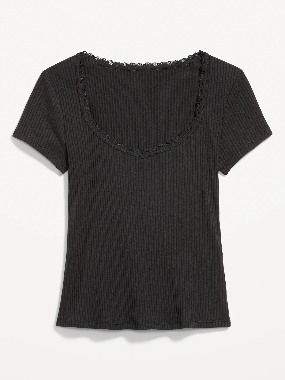 Lace-Trim Sweetheart-Neck Ribbed Top - Black Jack
