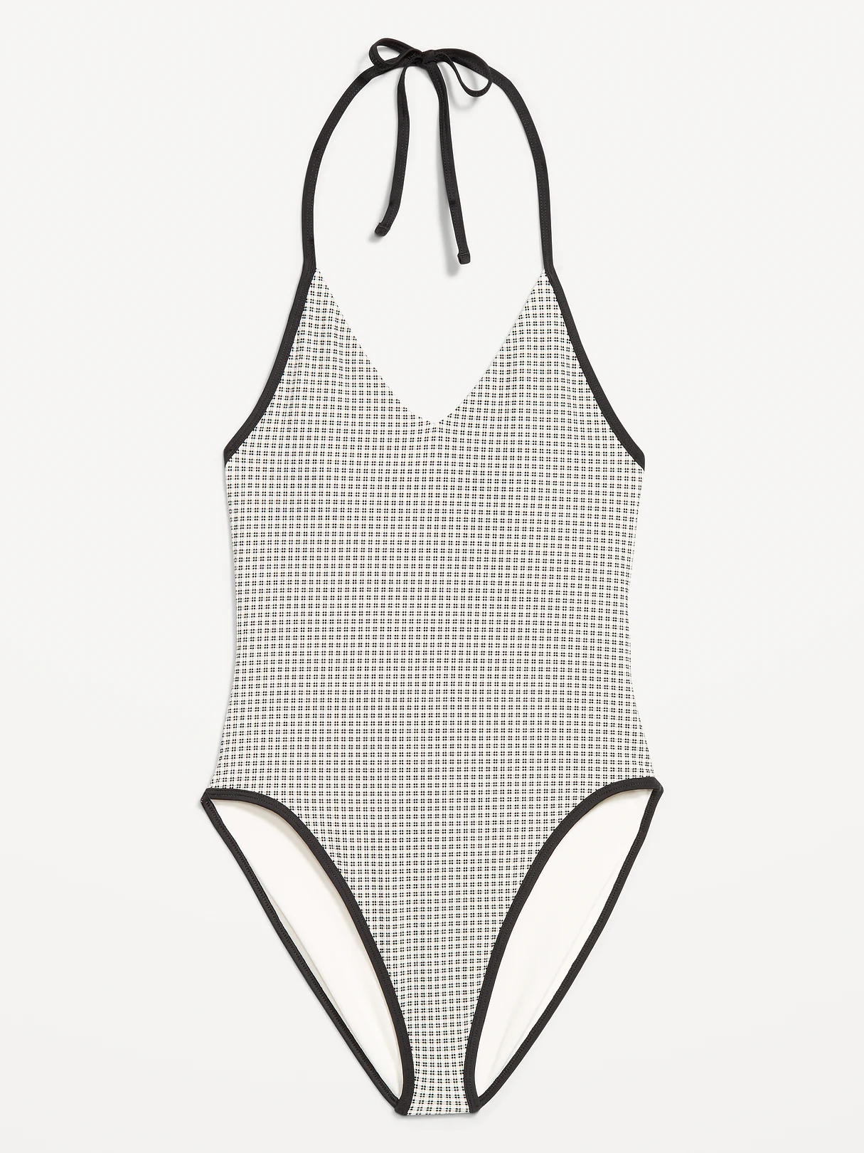 Pique V-Neck Halter Swimsuit - Black/White Gingham
