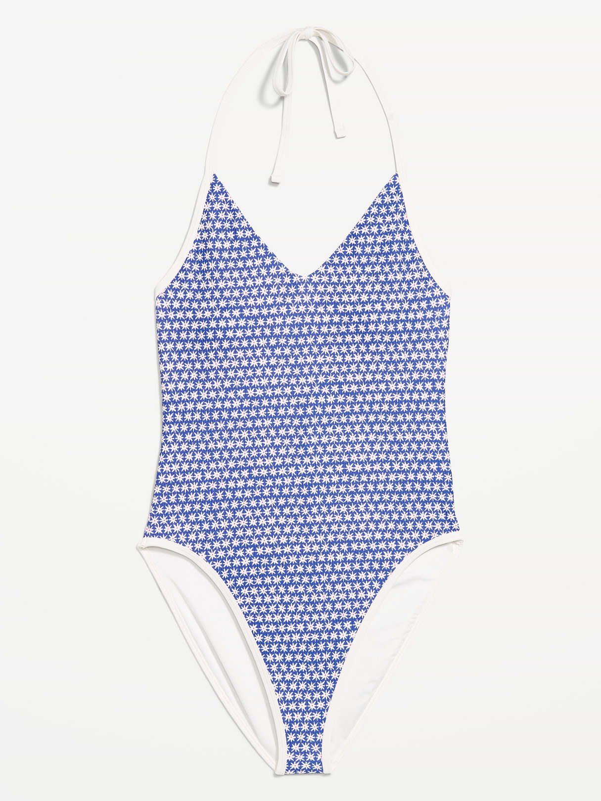Pique V-Neck Halter Swimsuit - Blue Ditsy Floral