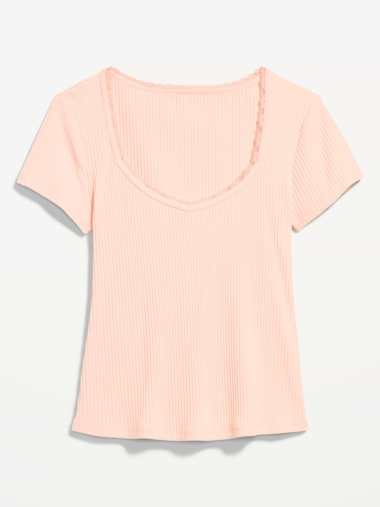 Lace-Trim Sweetheart-Neck Ribbed Top - Peach Gelato