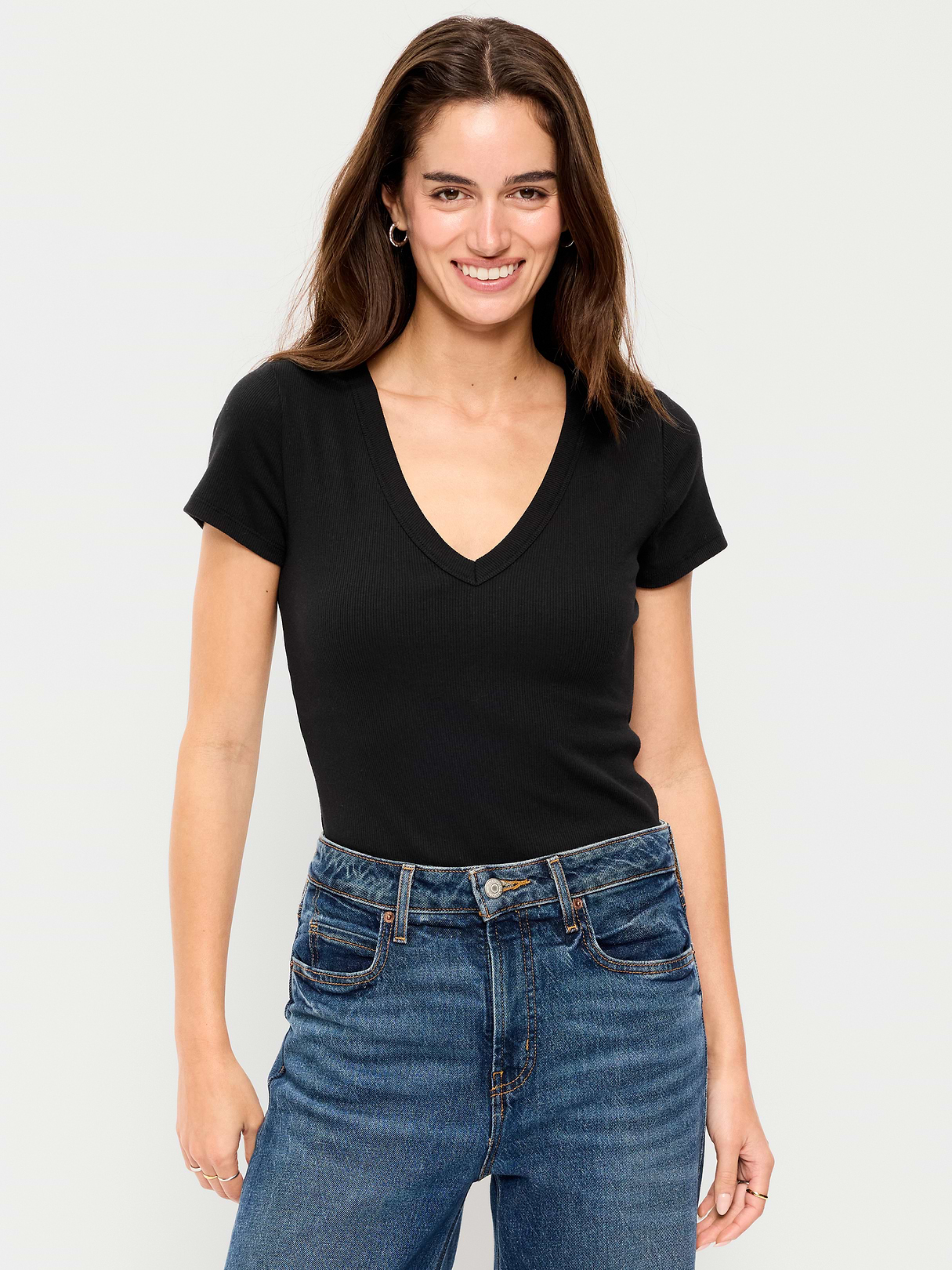 Snug Crop V-Neck Ribbed T-Shirt - Light Black Heather
