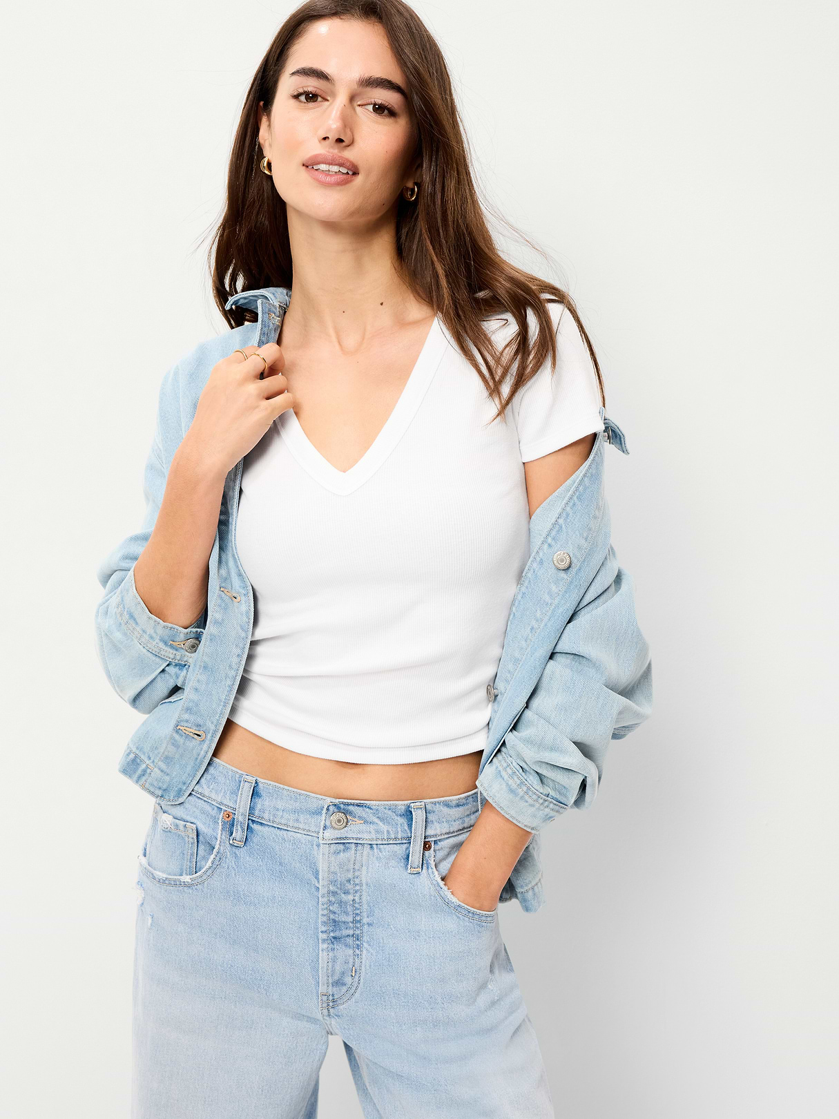 Snug Crop V-Neck Ribbed T-Shirt - Calla Lilies