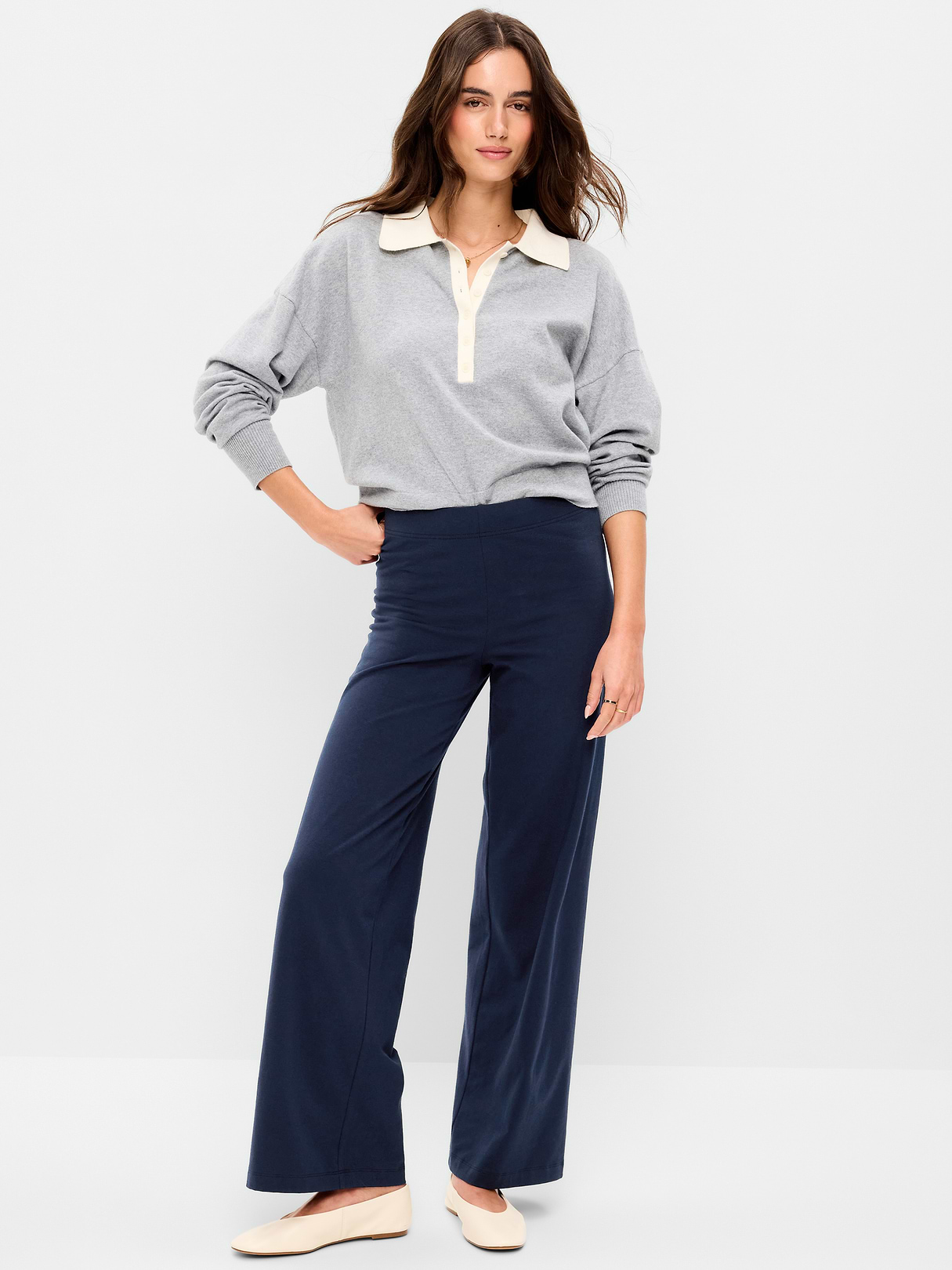 High-Waisted Fashion Wide-Leg Leggings - Navy Blue