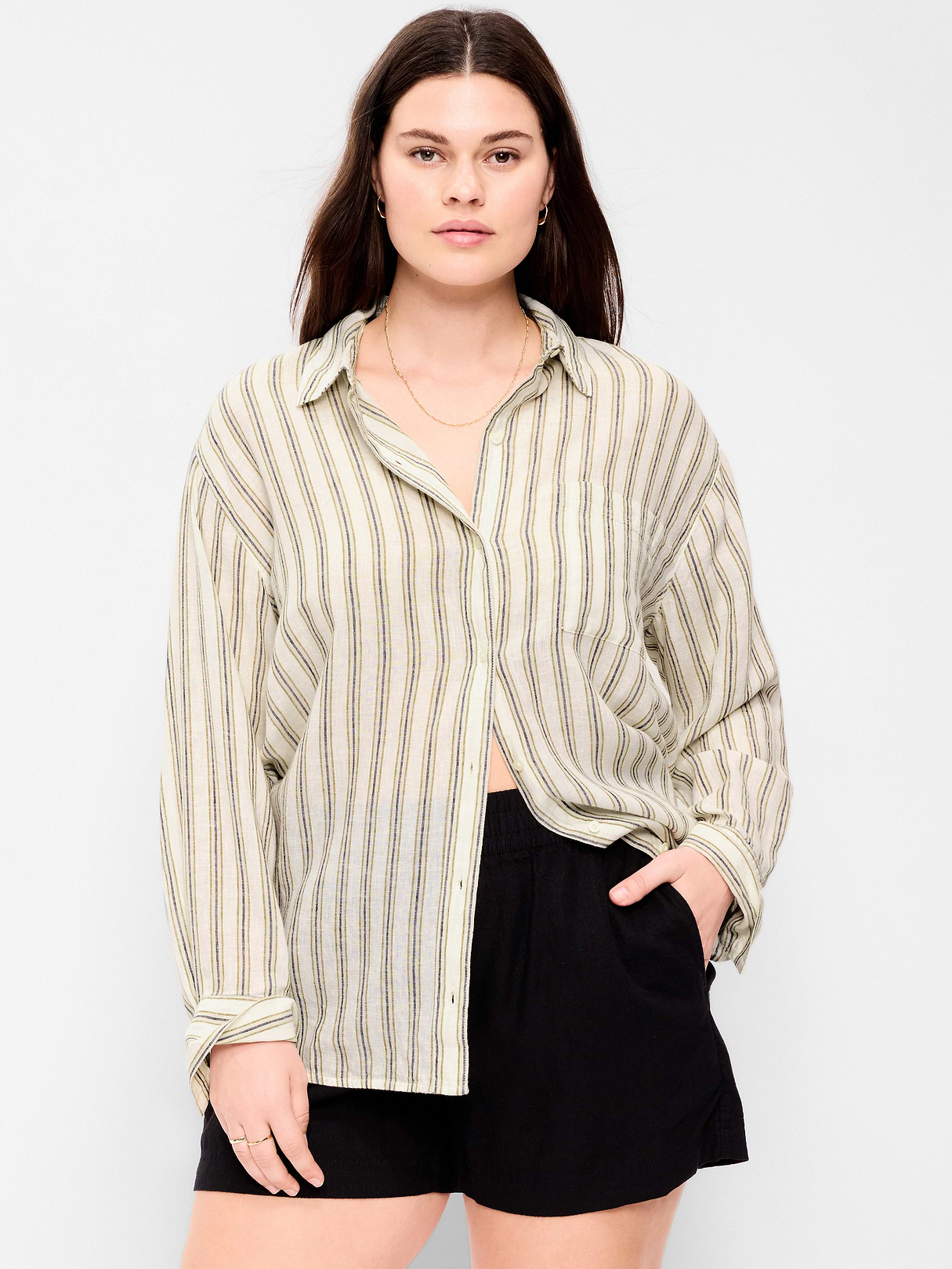 Linen-Blend Loose Button-Down Shirt - Neutral Stripe Top