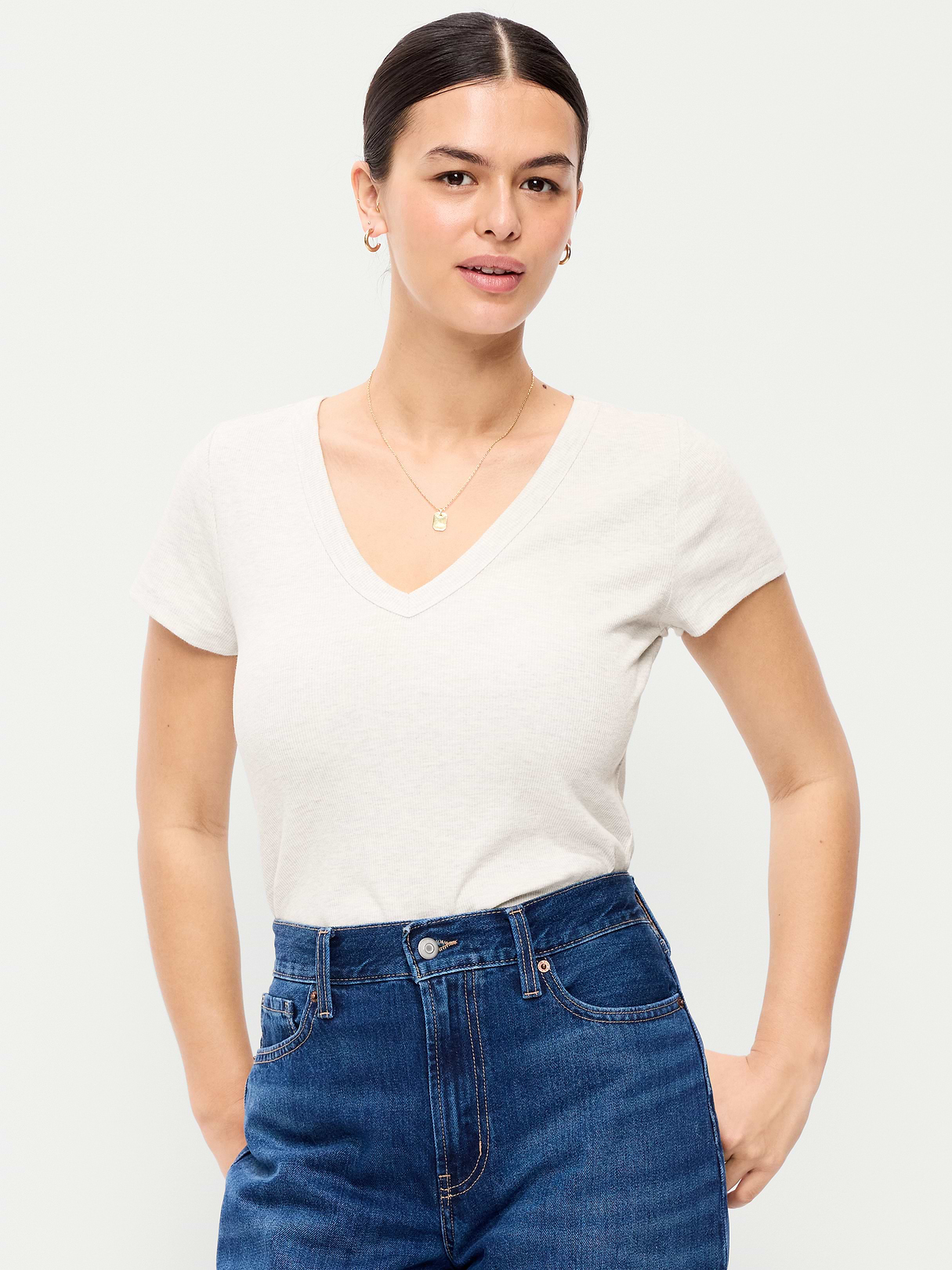 Snug Crop V-Neck Ribbed T-Shirt - Light Gray Heather