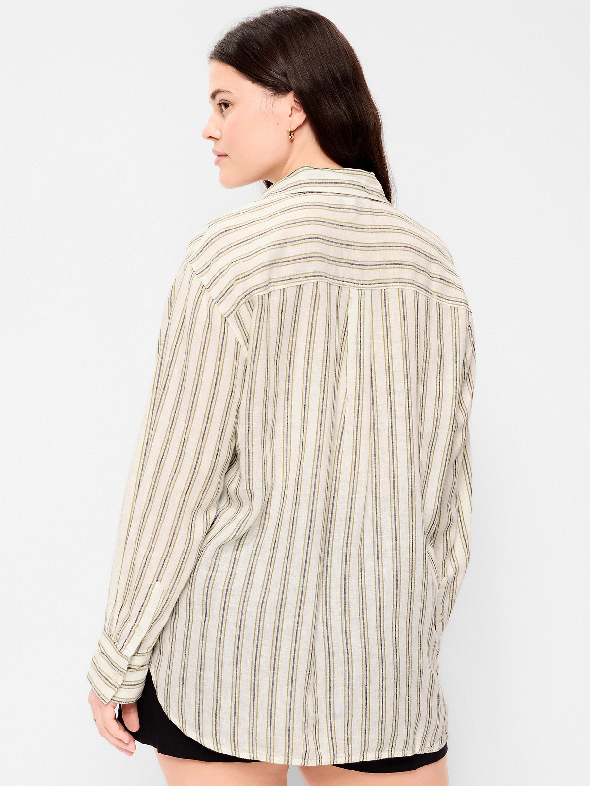 Linen-Blend Loose Button-Down Shirt - Neutral Stripe Top