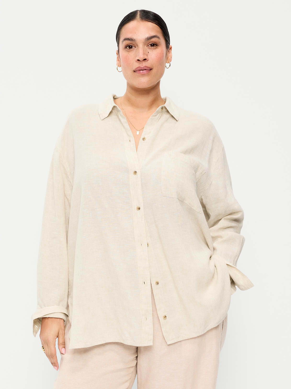Linen-Blend Loose Button-Down Shirt - Natural Linen