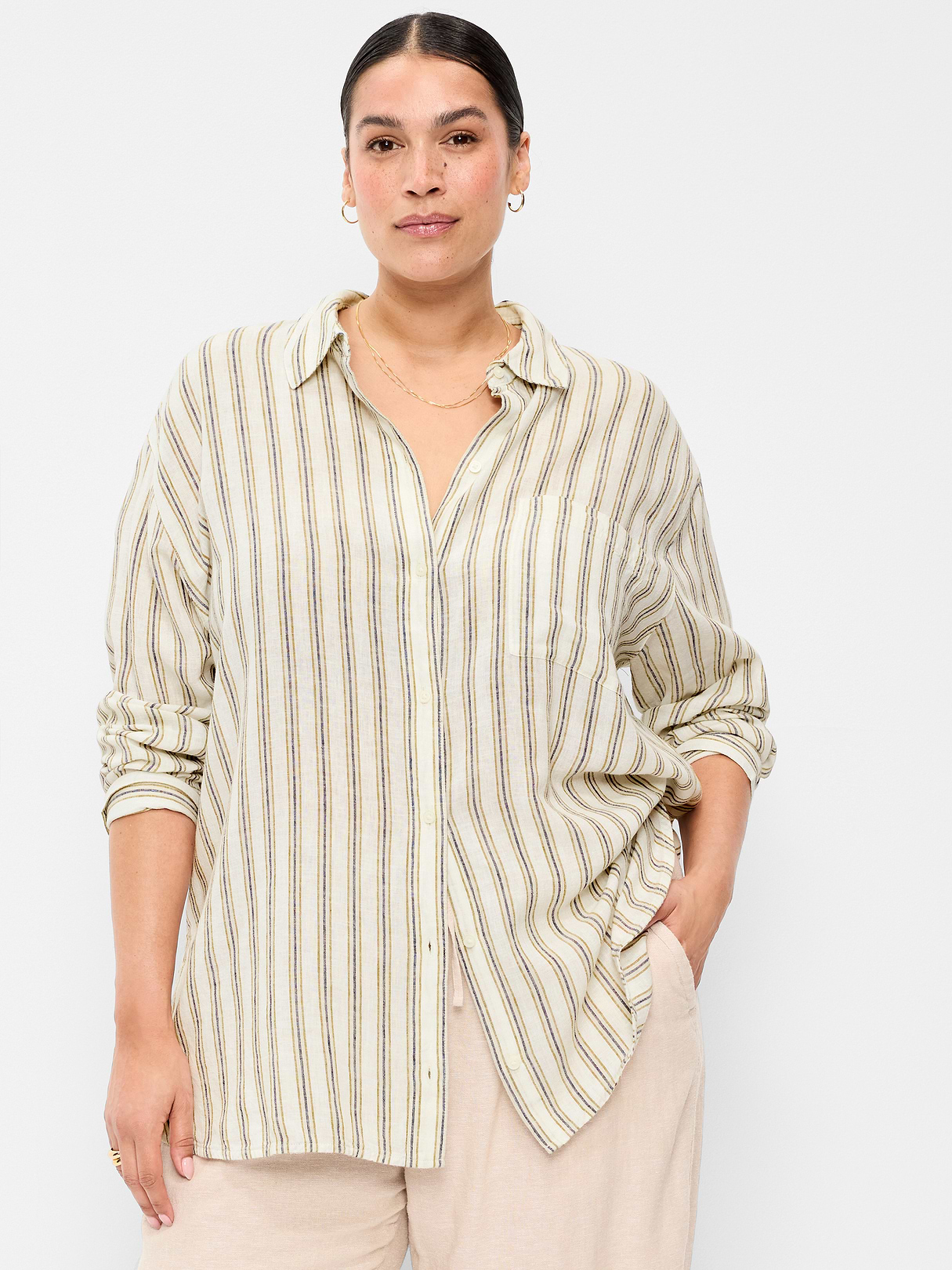 Linen-Blend Loose Button-Down Shirt - Neutral Stripe Top