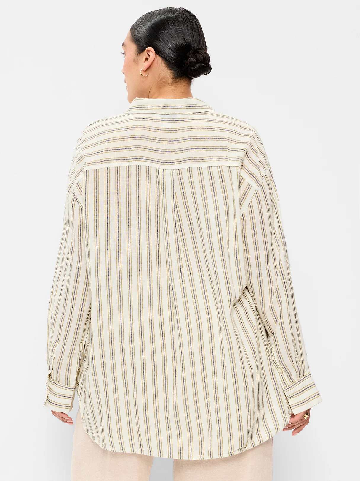 Linen-Blend Loose Button-Down Shirt - Neutral Stripe Top