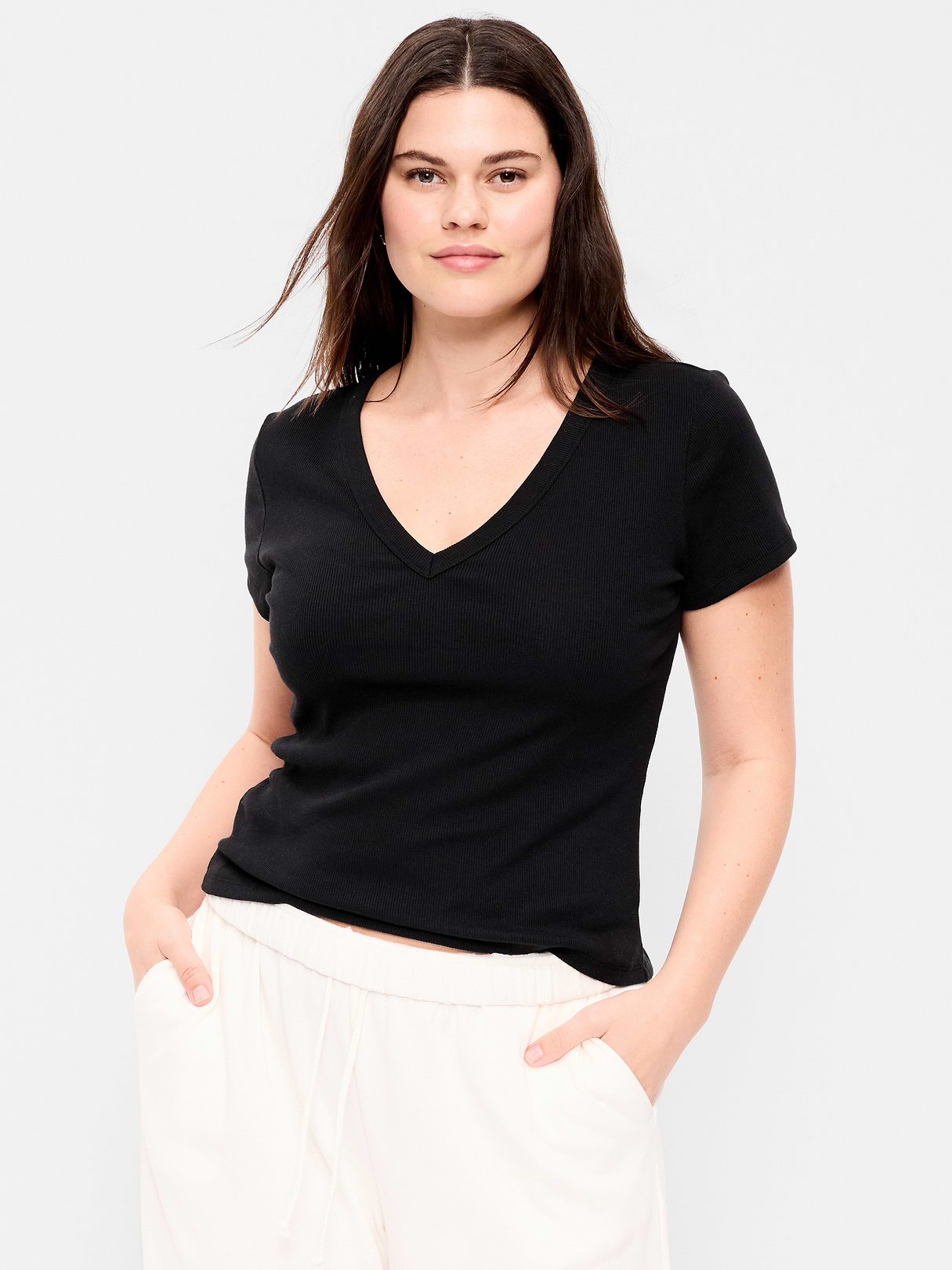 Snug Crop V-Neck Ribbed T-Shirt - Light Black Heather