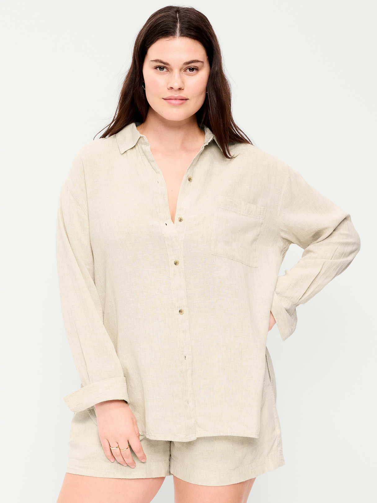 Linen-Blend Loose Button-Down Shirt - Natural Linen