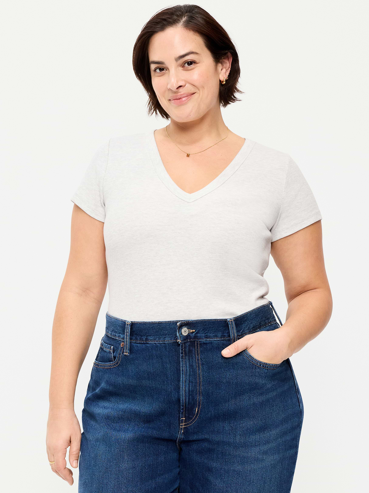 Snug Crop V-Neck Ribbed T-Shirt - Light Gray Heather