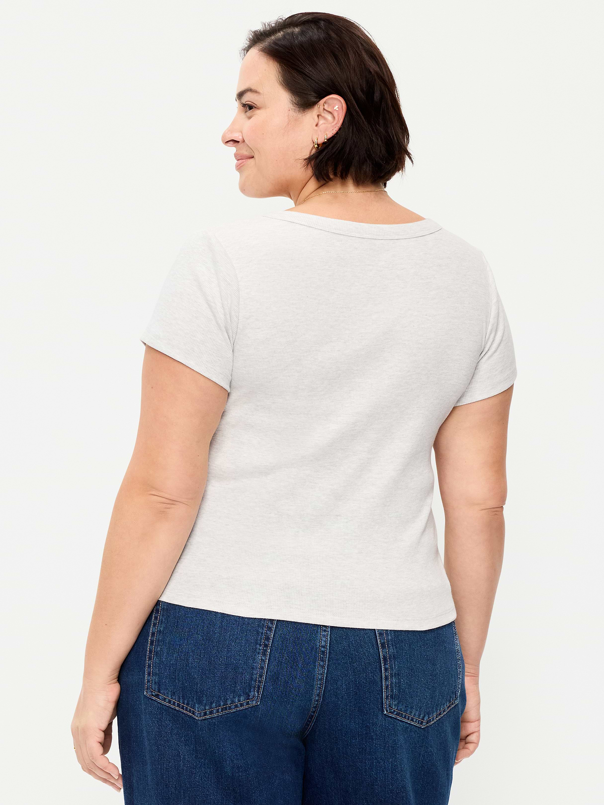 Snug Crop V-Neck Ribbed T-Shirt - Light Gray Heather