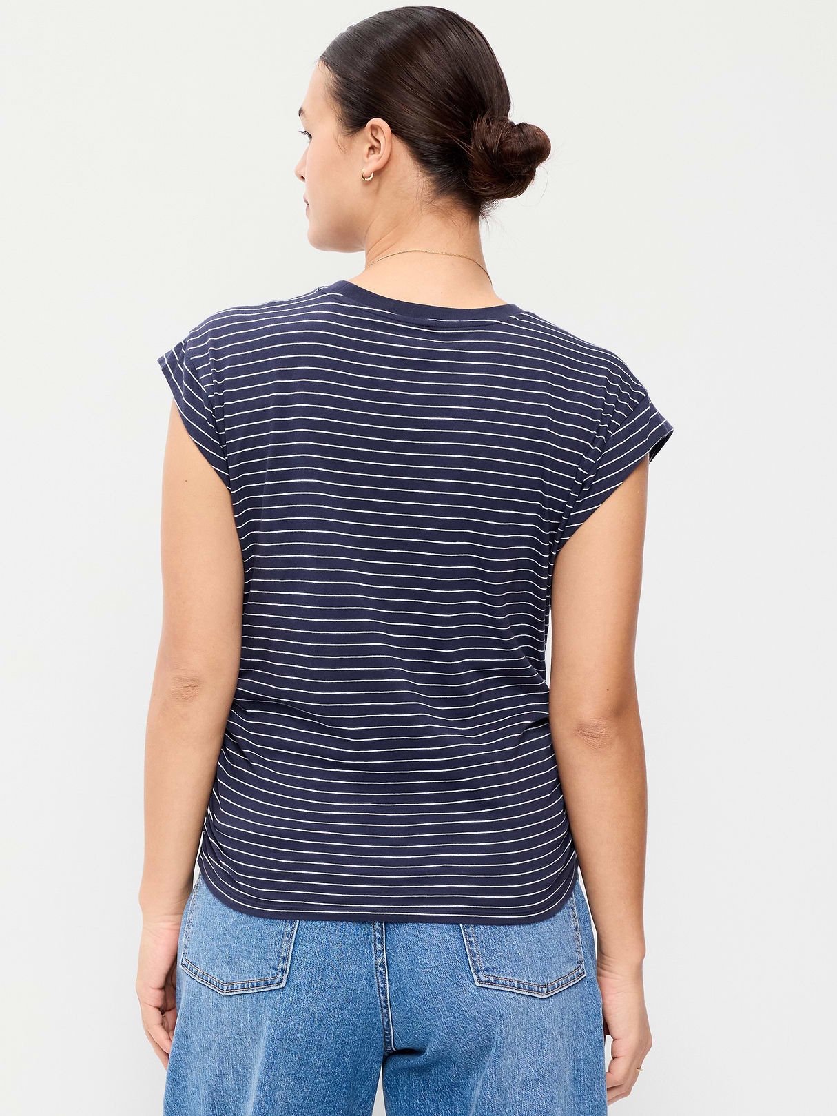 Cap-Sleeve Cinch-Waist Top - Navy Stripe