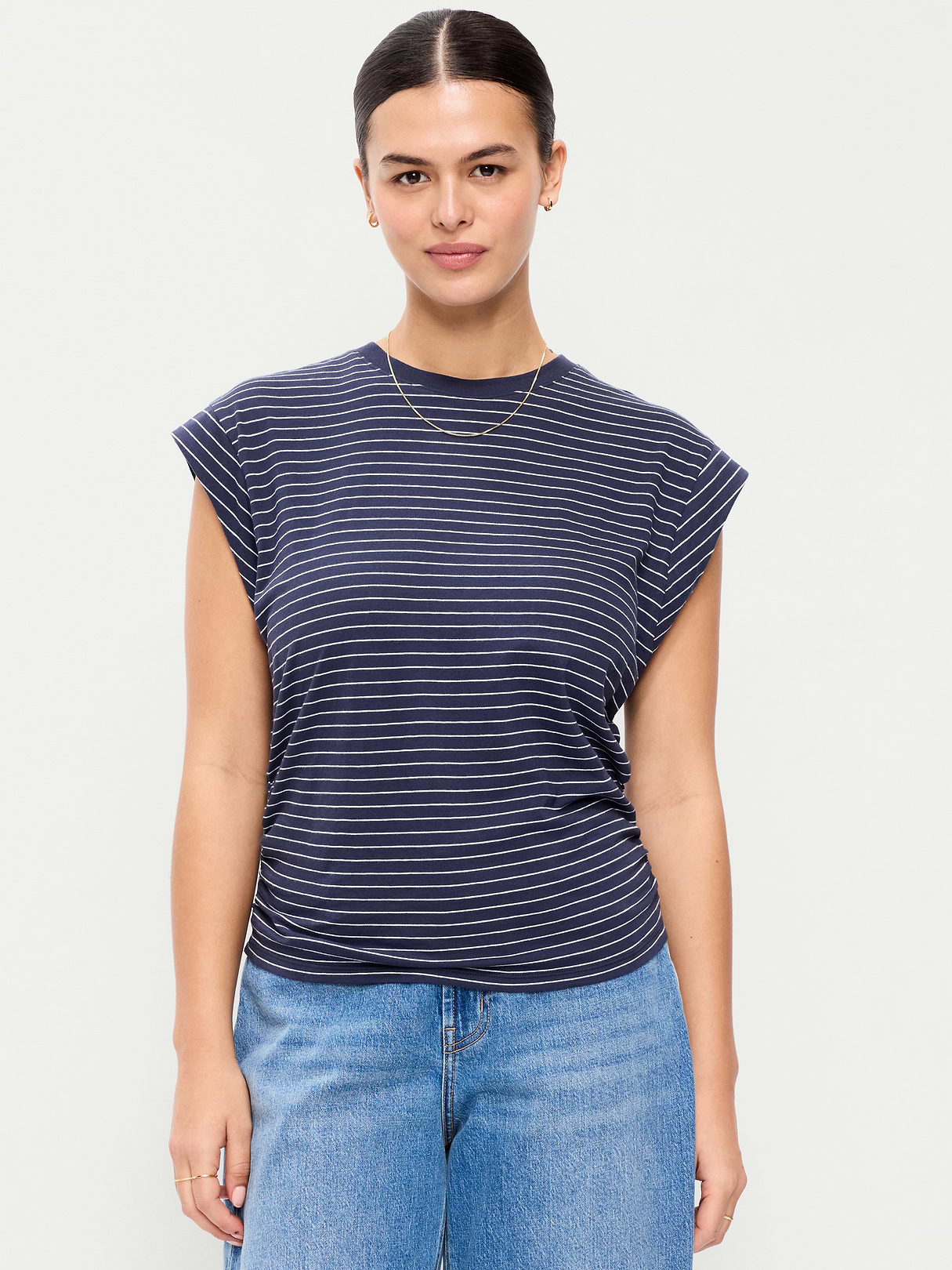 Cap-Sleeve Cinch-Waist Top - Navy Stripe