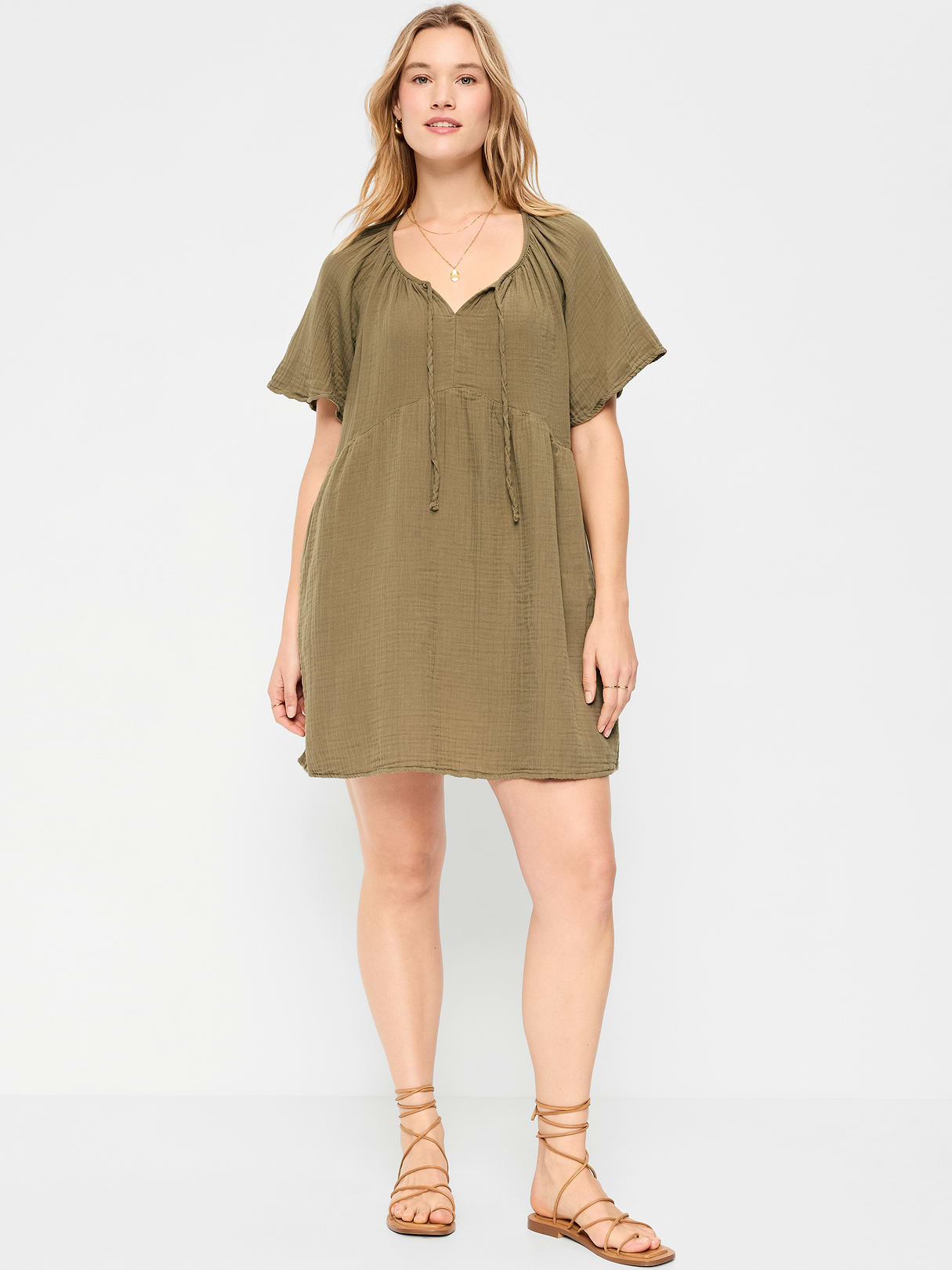 Crinkle Gauze Flutter-Sleeve Mini Swing Dress - Kombu