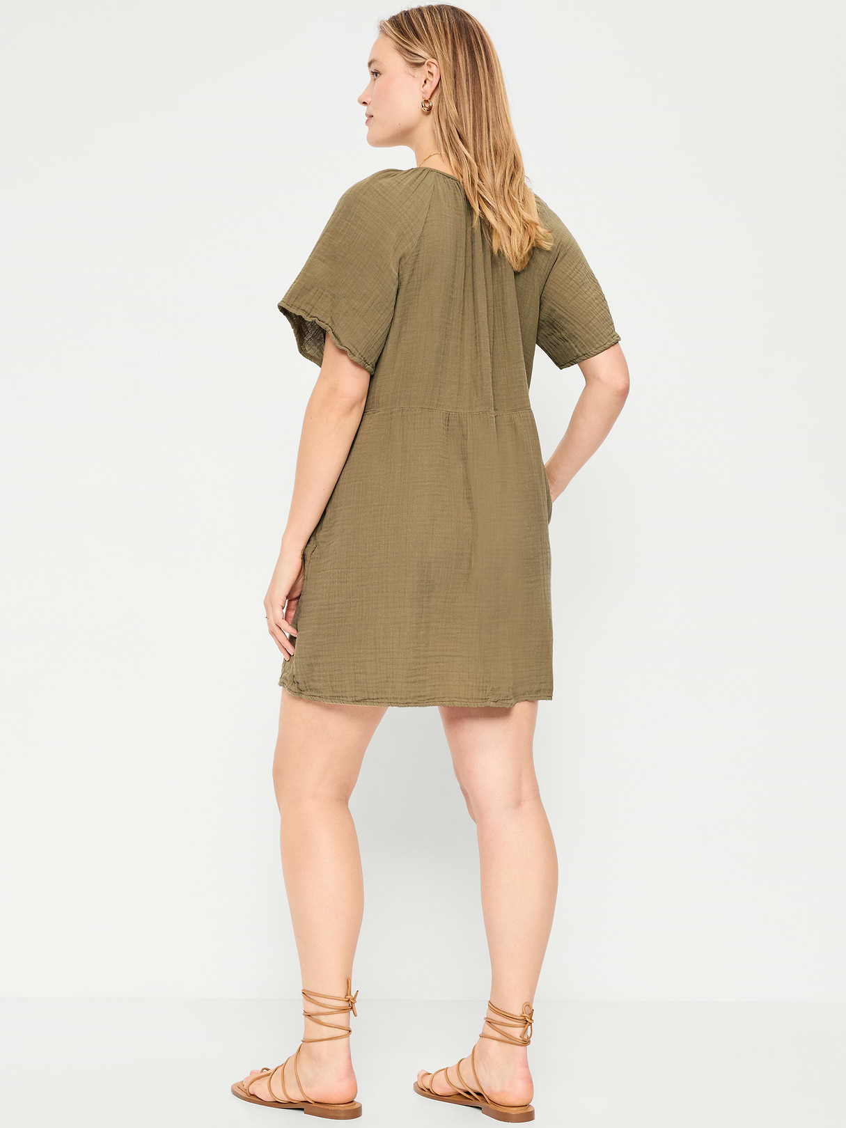 Crinkle Gauze Flutter-Sleeve Mini Swing Dress - Kombu