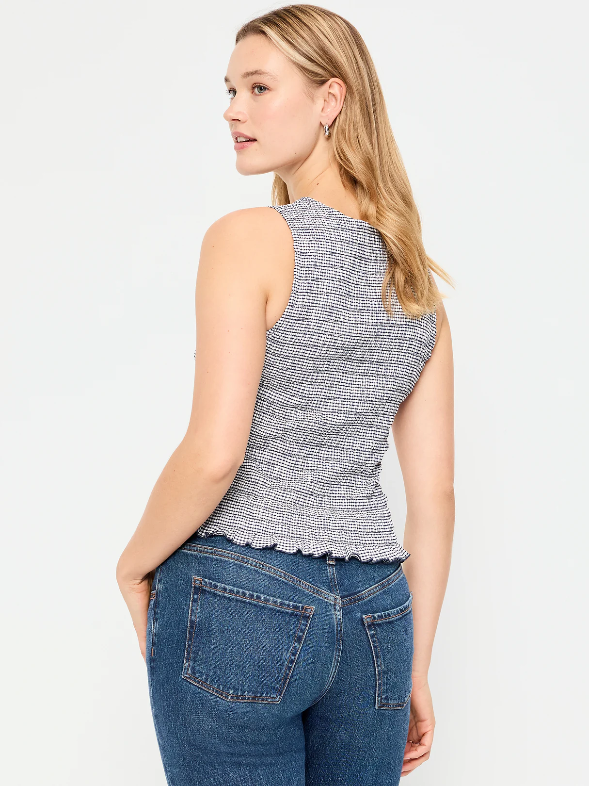 Sleeveless Smocked Tank Top - Navy Gingham