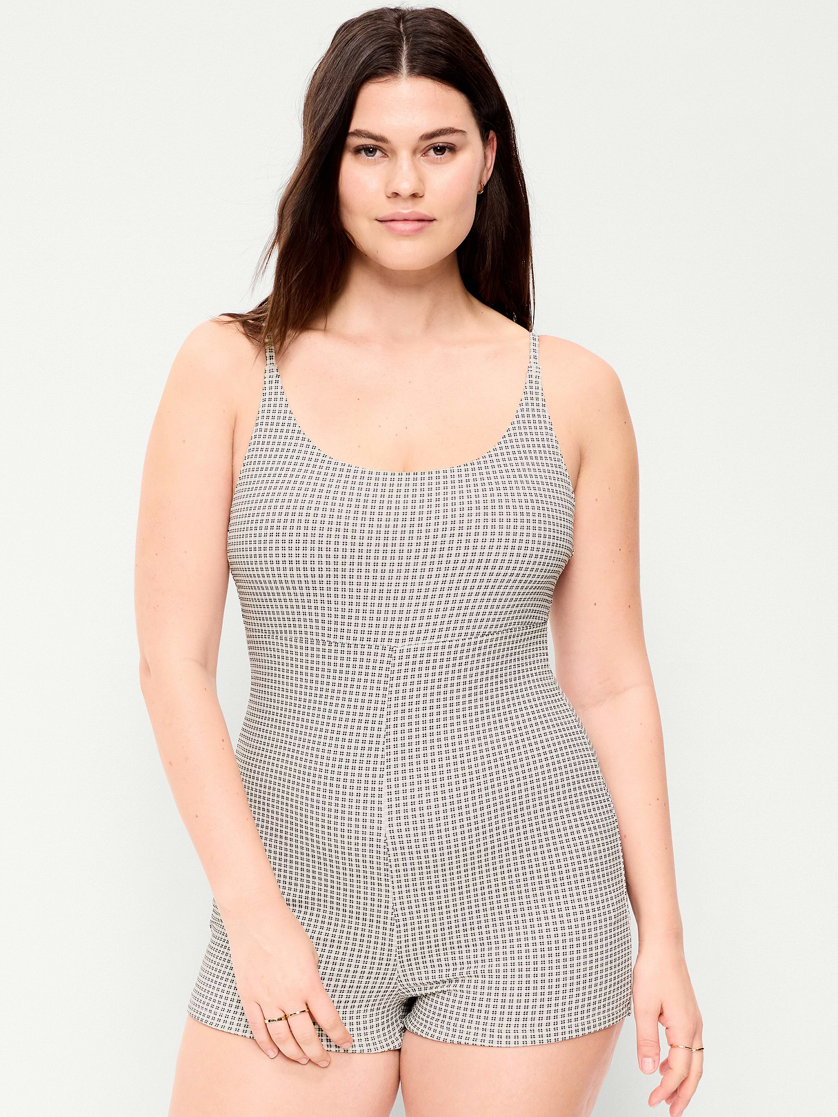 Textured Swim Romper - Black/White Gingham