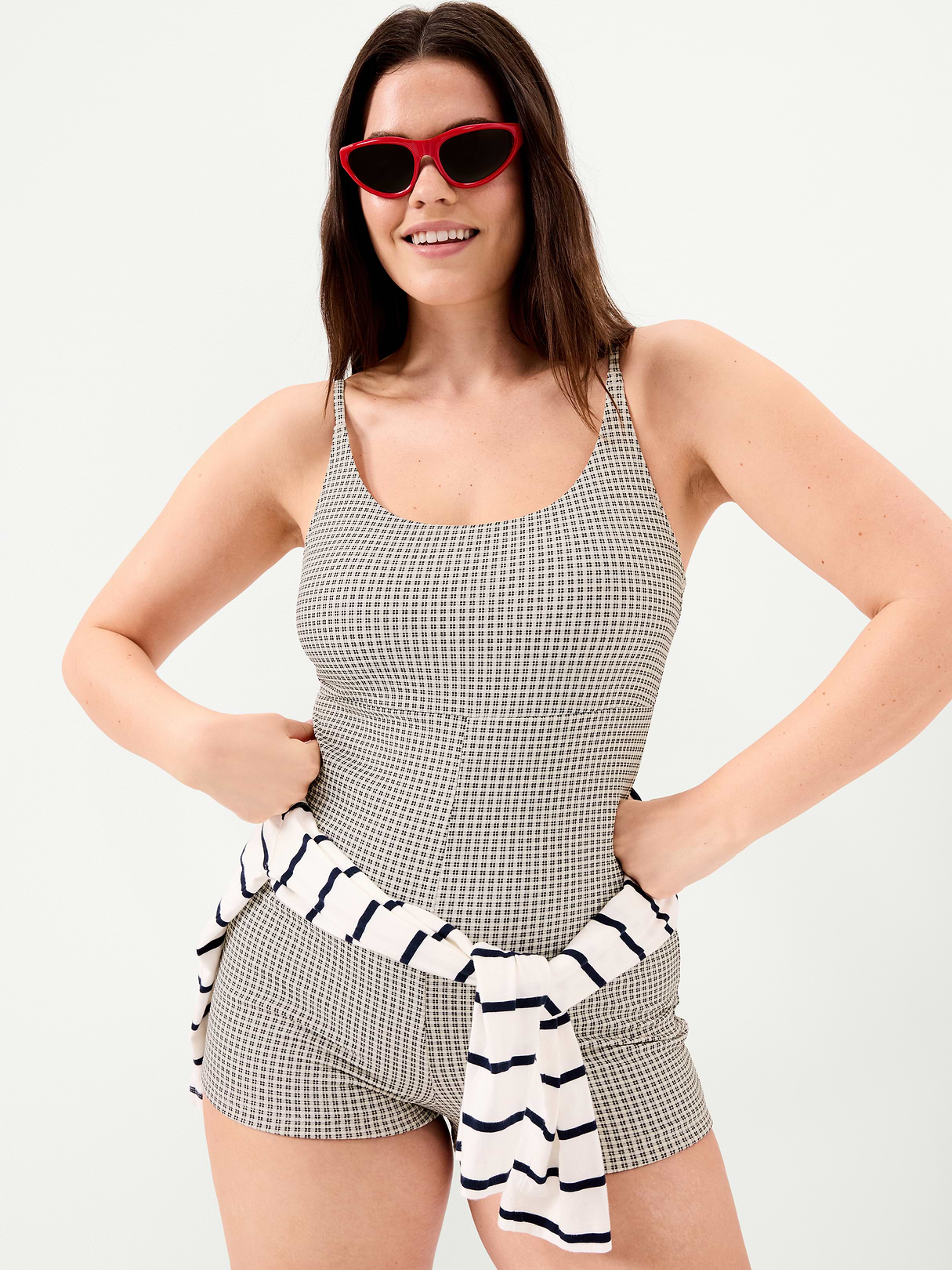 Textured Swim Romper - Black/White Gingham