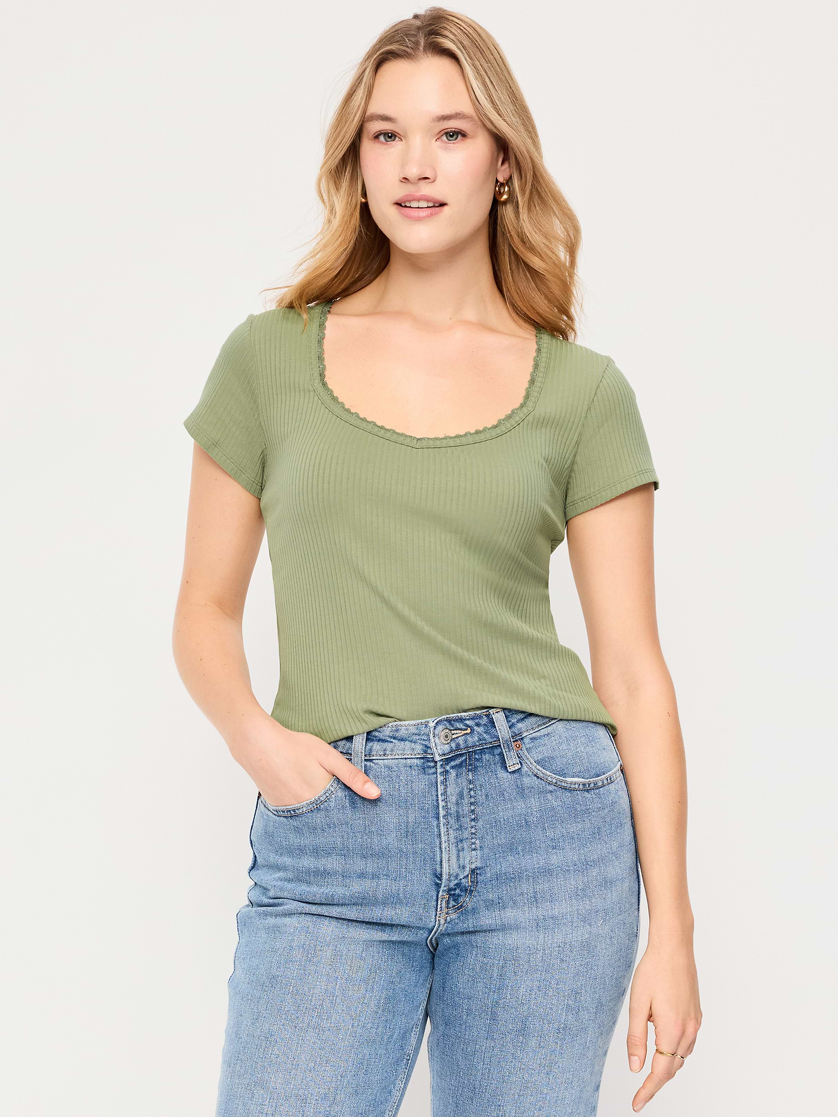 Lace-Trim Sweetheart-Neck Ribbed Top - Bare Ground